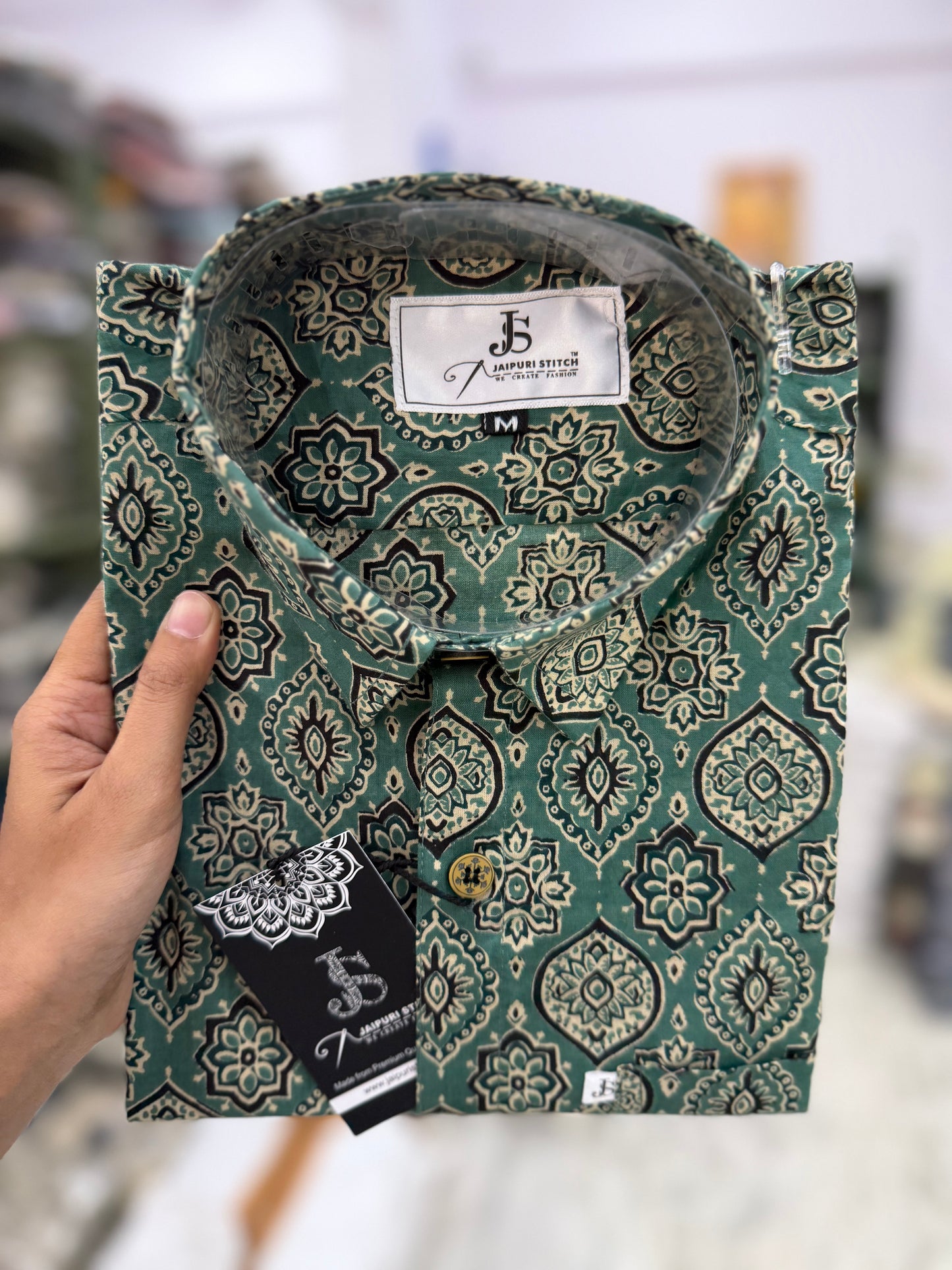 Plus Size Green Ajrak Printed Mens Half Sleeves Shirt