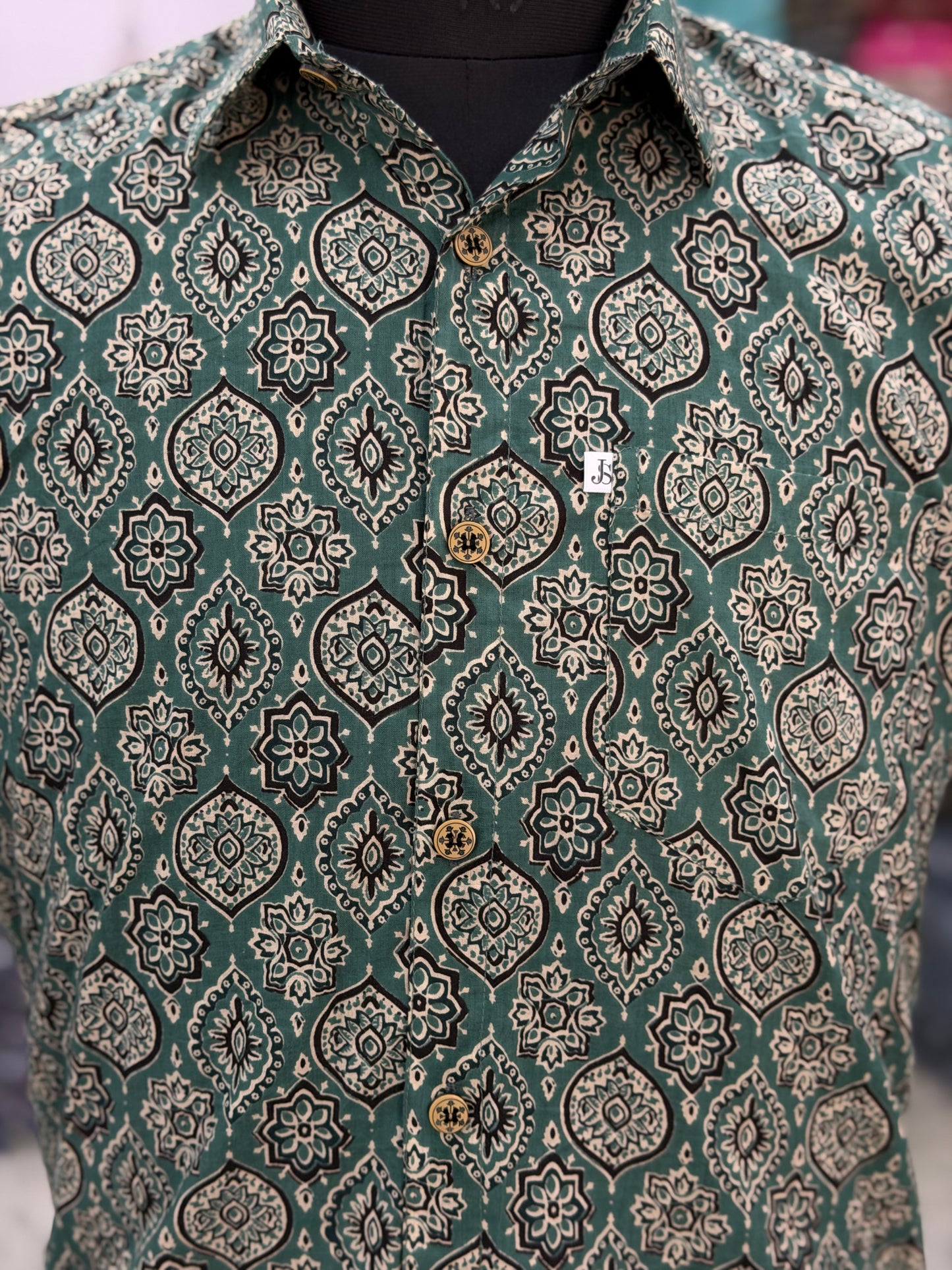 Plus Size Green Ajrak Printed Mens Half Sleeves Shirt