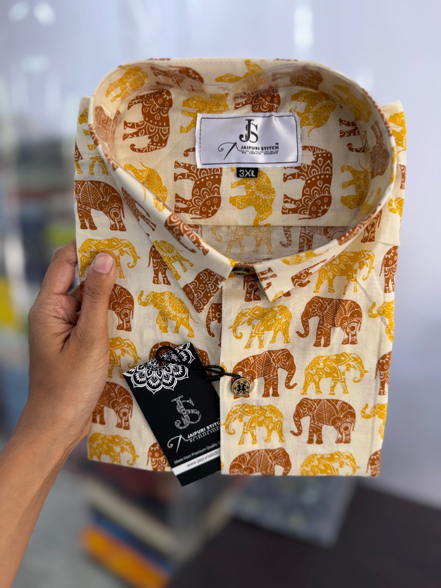 Plus Size Light Dark Yellow Elephant Printed Mens Half Sleeves Shirt