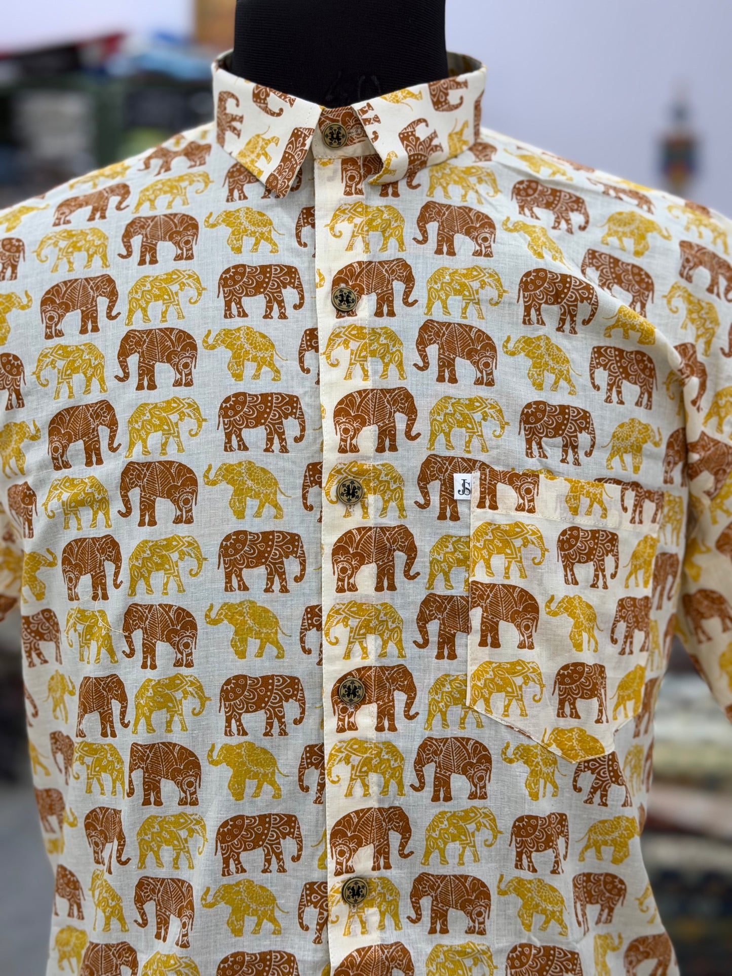 Plus Size Light Dark Yellow Elephant Printed Mens Half Sleeves Shirt