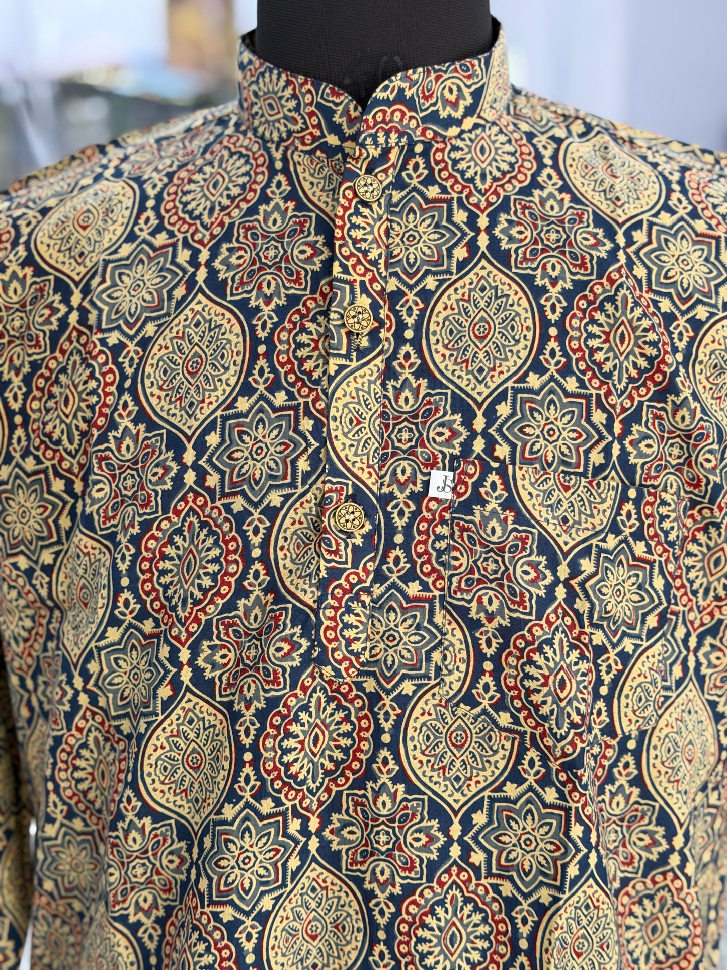 New Blue Medallion Printed Full Sleeves Short Kurta for Men