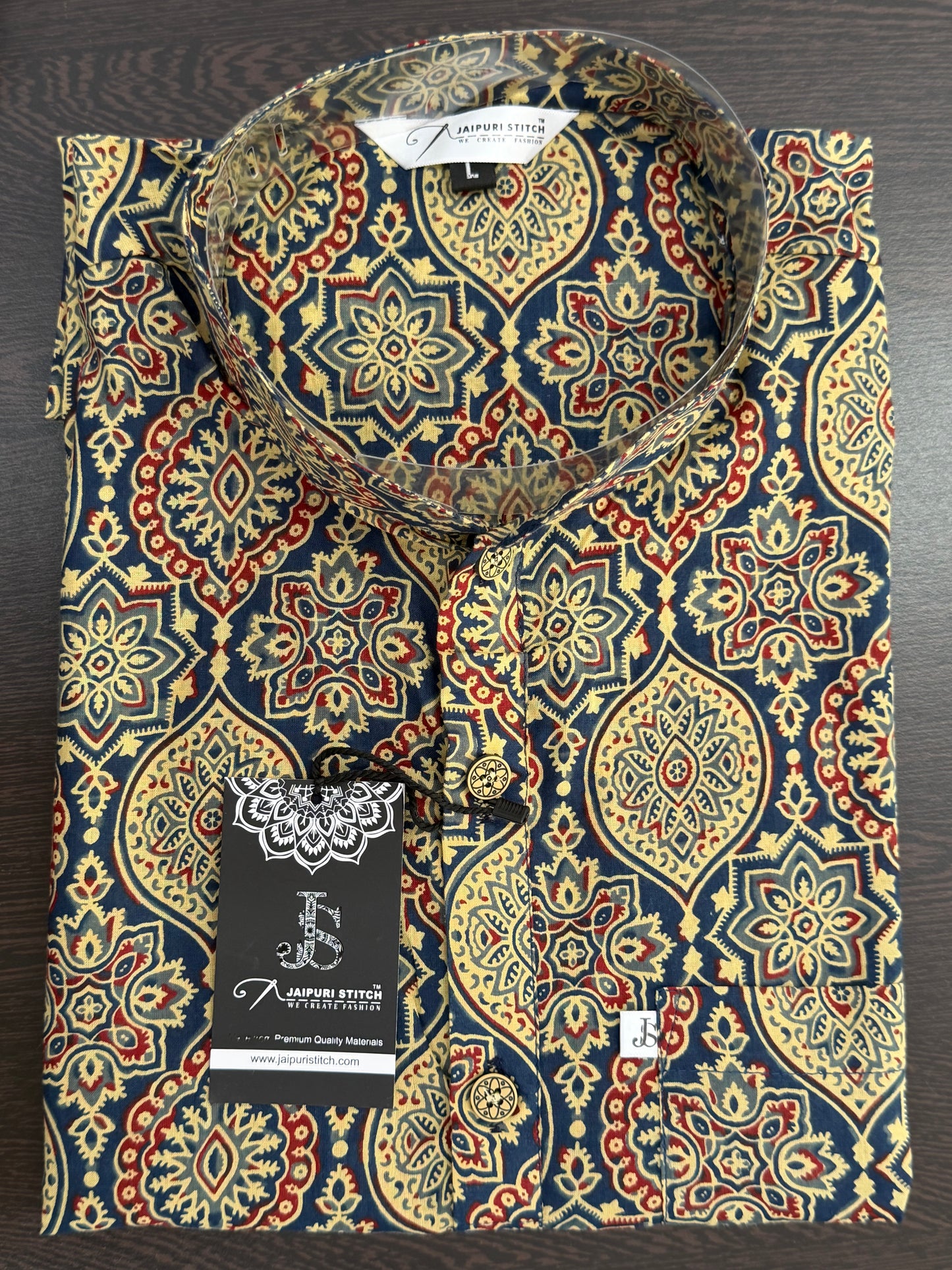 New Blue Medallion Printed Full Sleeves Short Kurta for Men