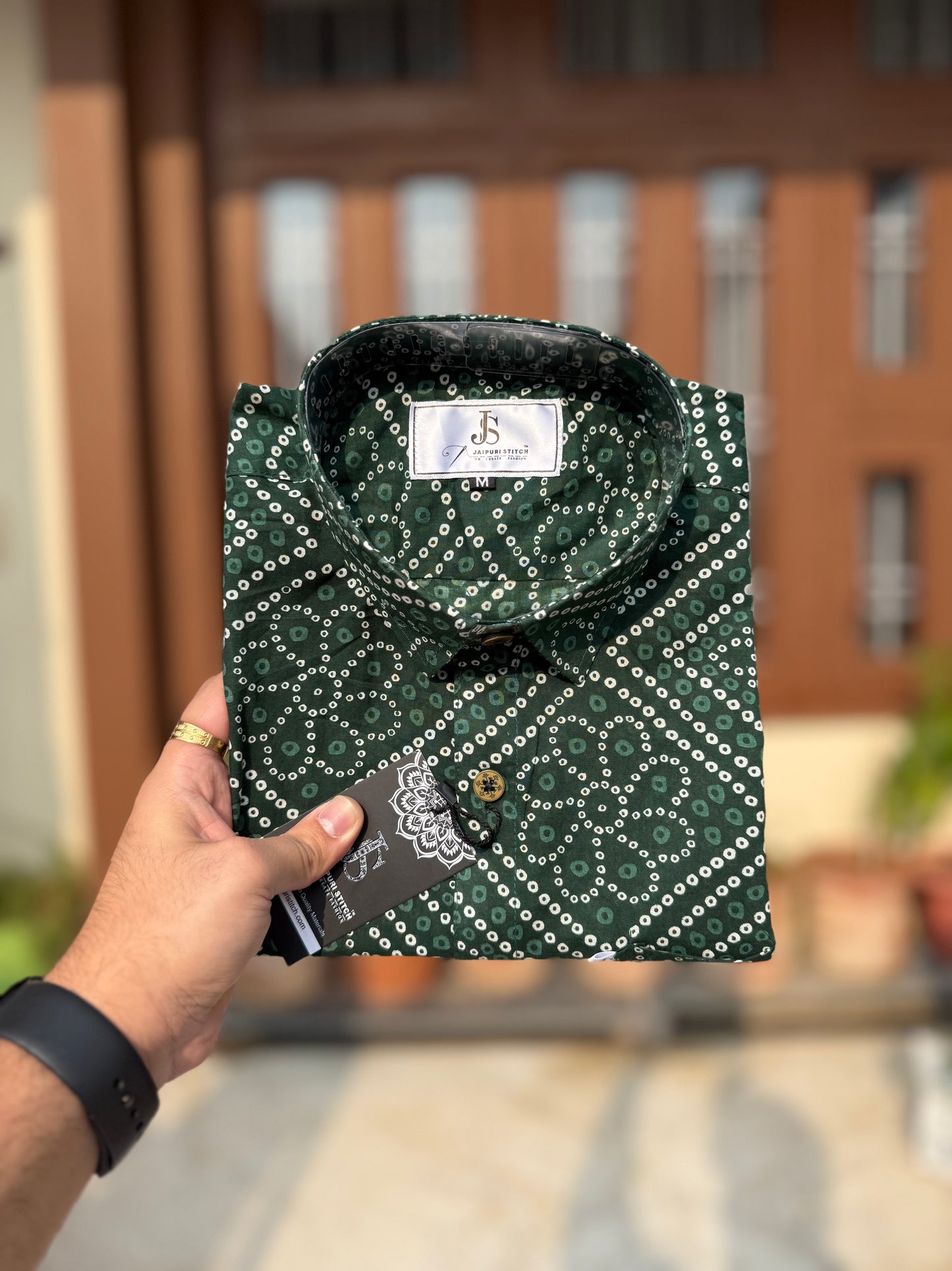 Green Bandhej Box Printed Full Sleeves Cotton Shirt for Men