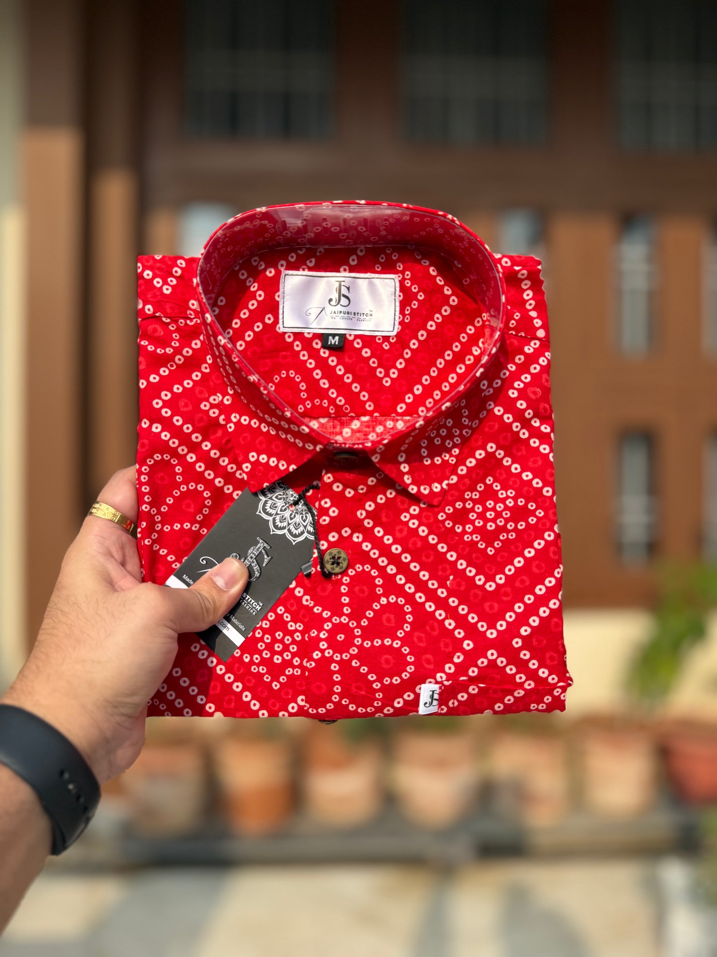Red Bandhej Box Printed Full Sleeves Cotton Shirt for Men