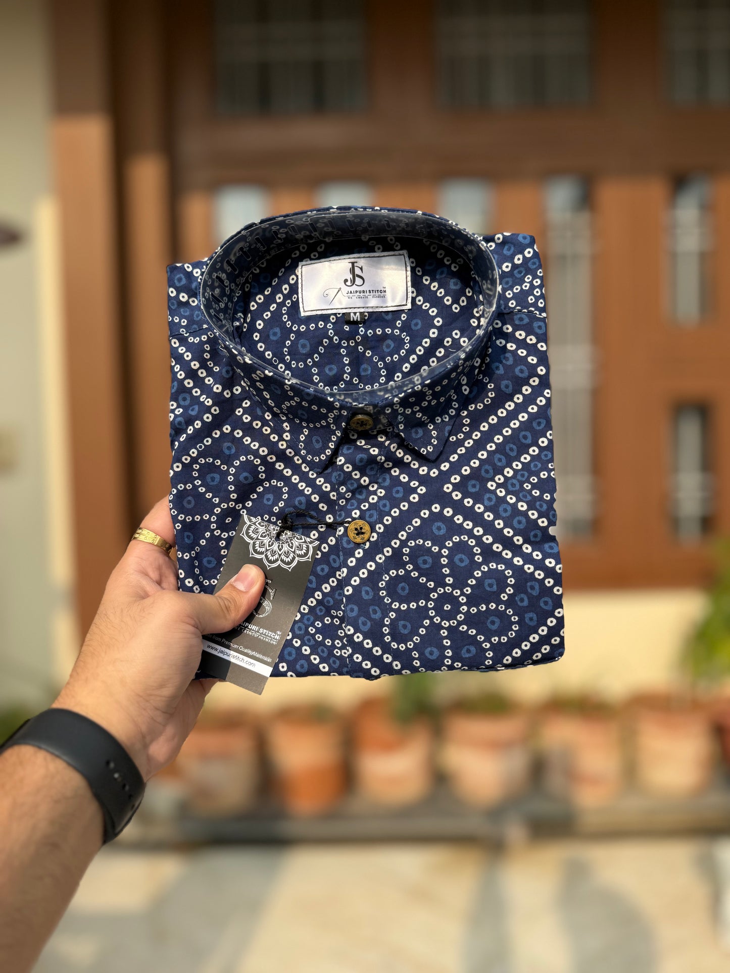 Blue Bandhej Box Printed Full Sleeves Cotton Shirt for Men