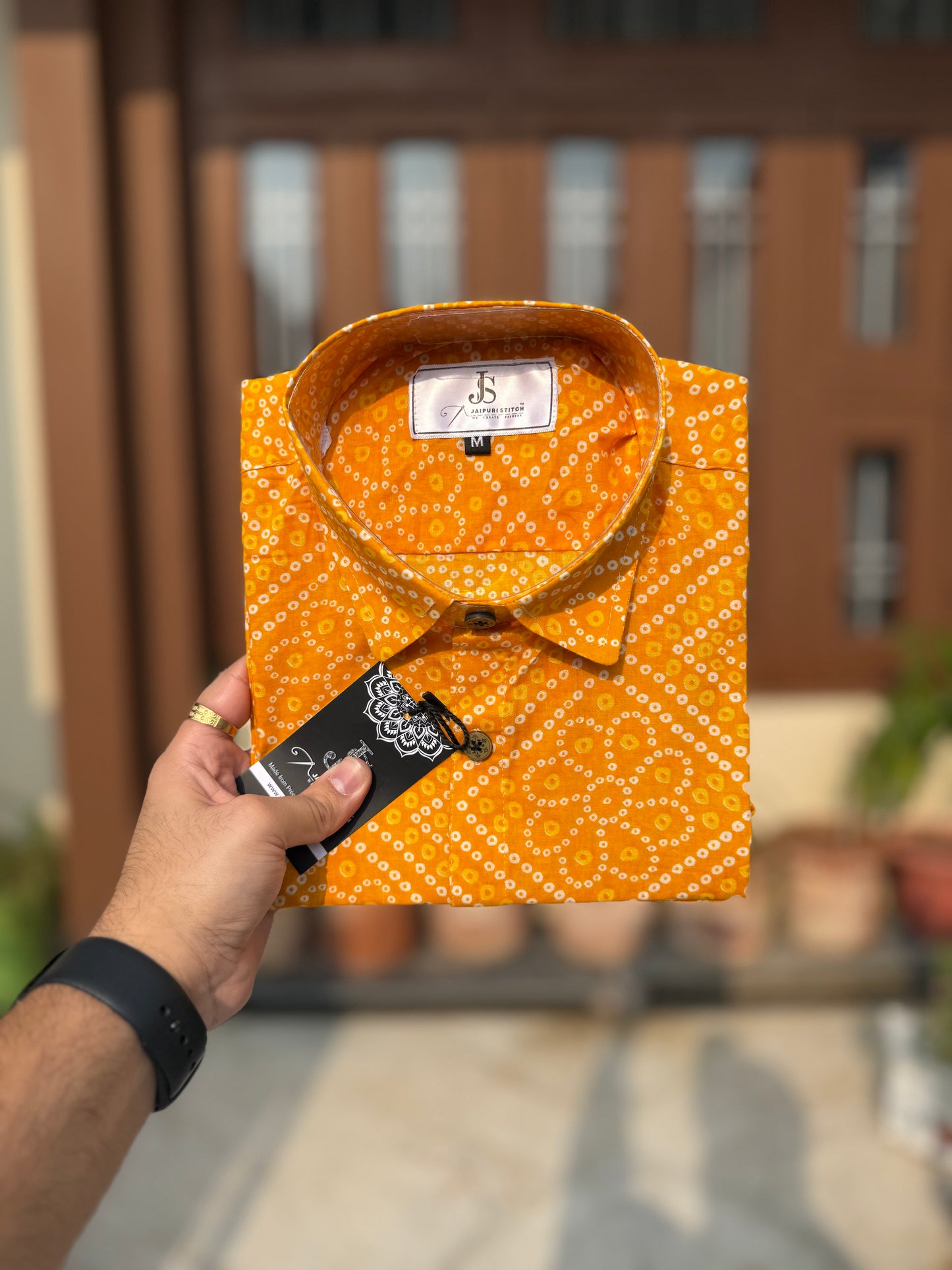 Yellow Bandhej Box Printed Full Sleeves Cotton Shirt for Men