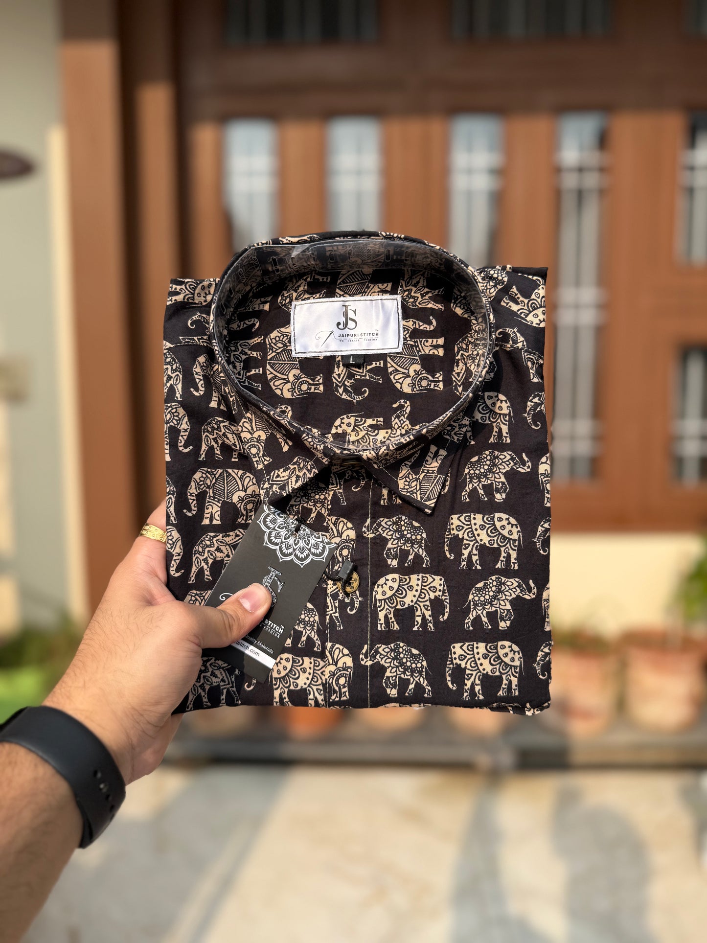Black And Beige Elephant Printed Full Sleeves Cotton Shirt for Men