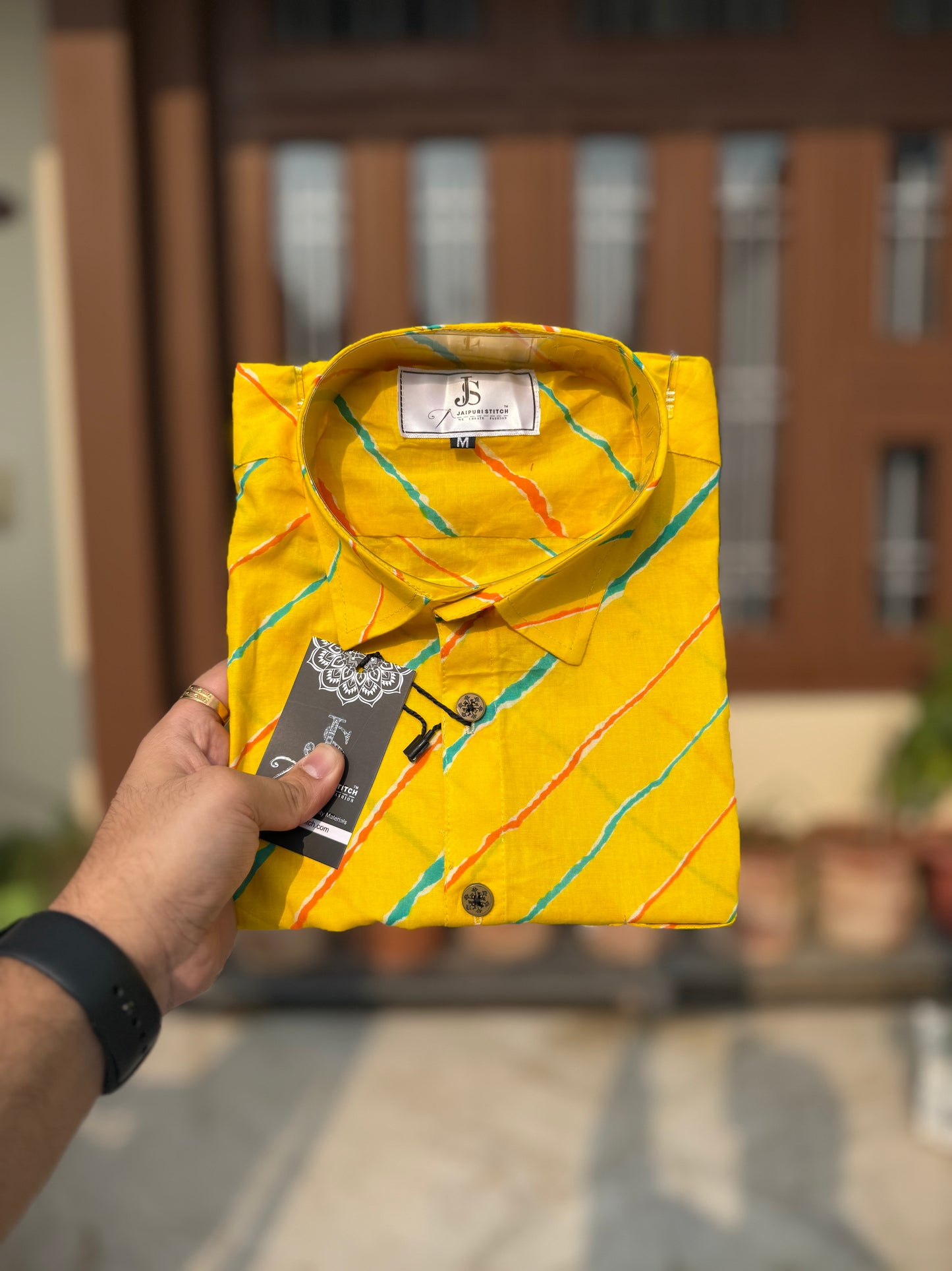 Yellow Leheriya Striped Full Sleeves Cotton Shirt for Men