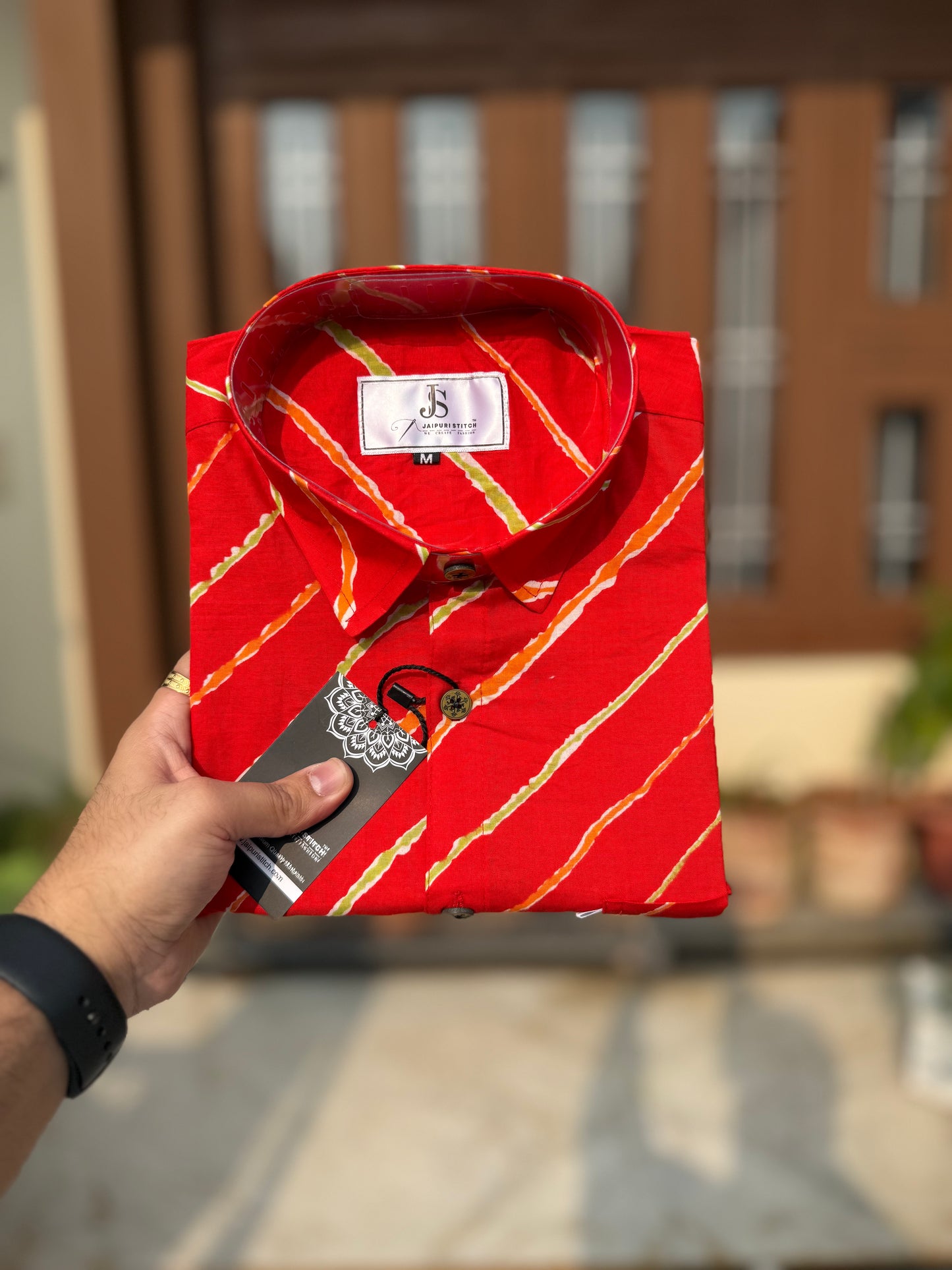 Red Leheriya Striped Full Sleeves Cotton Shirt for Men