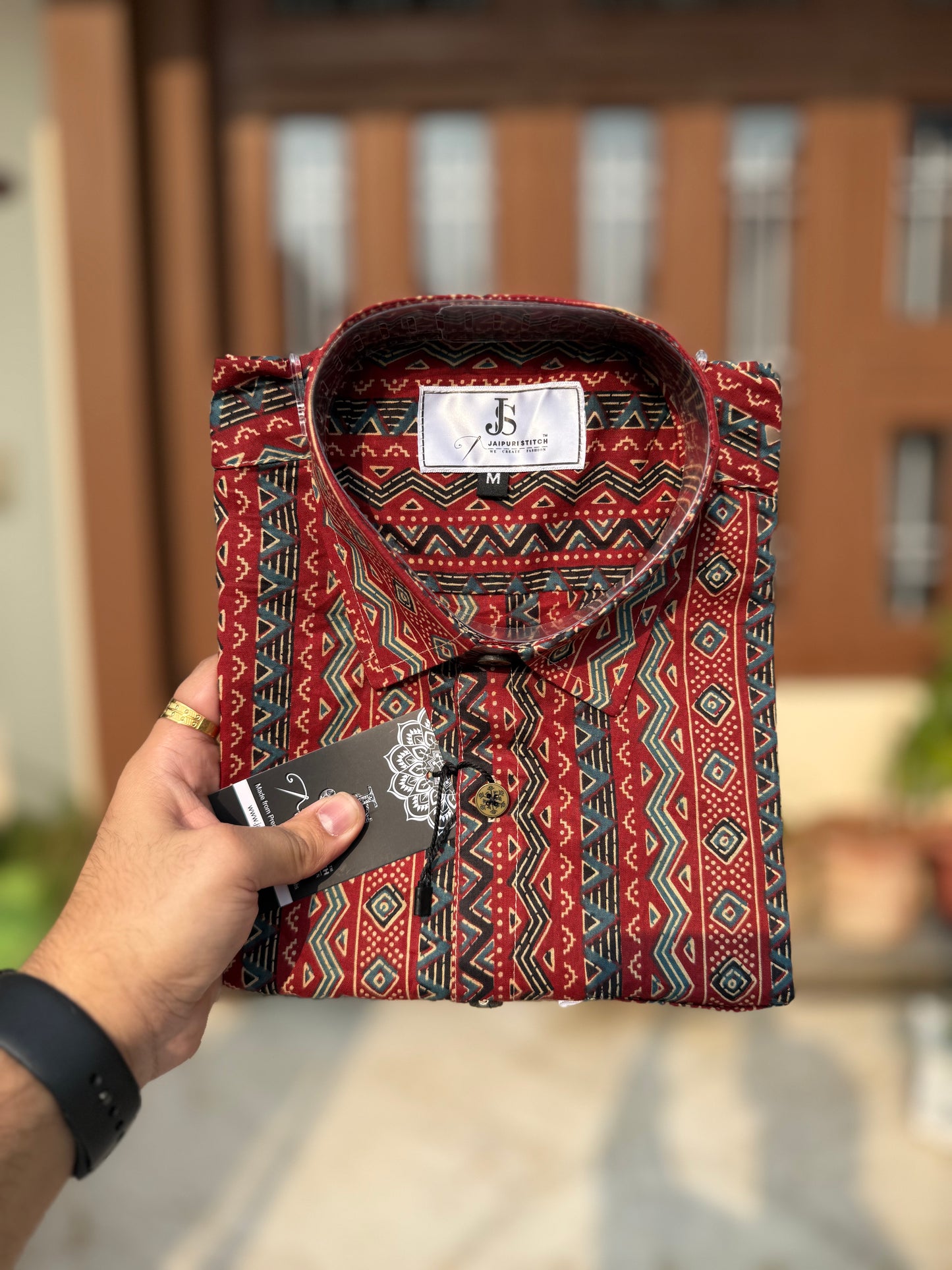 Rust Tribal Stripe Printed Full Sleeves Cotton Shirt for Men