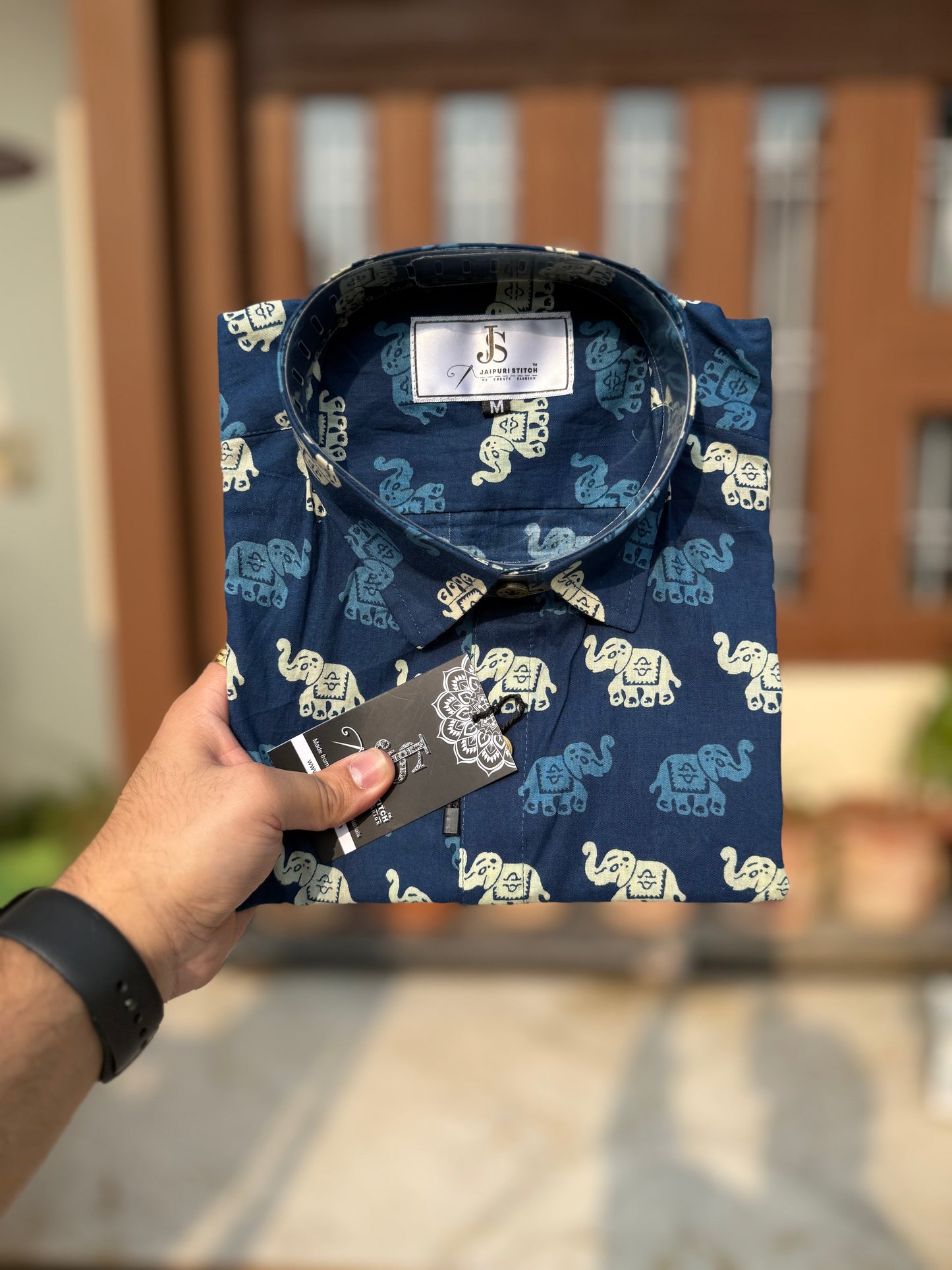 Jaipuri Blue Elephant Printed Men’s Full Sleeves Cotton Shirt