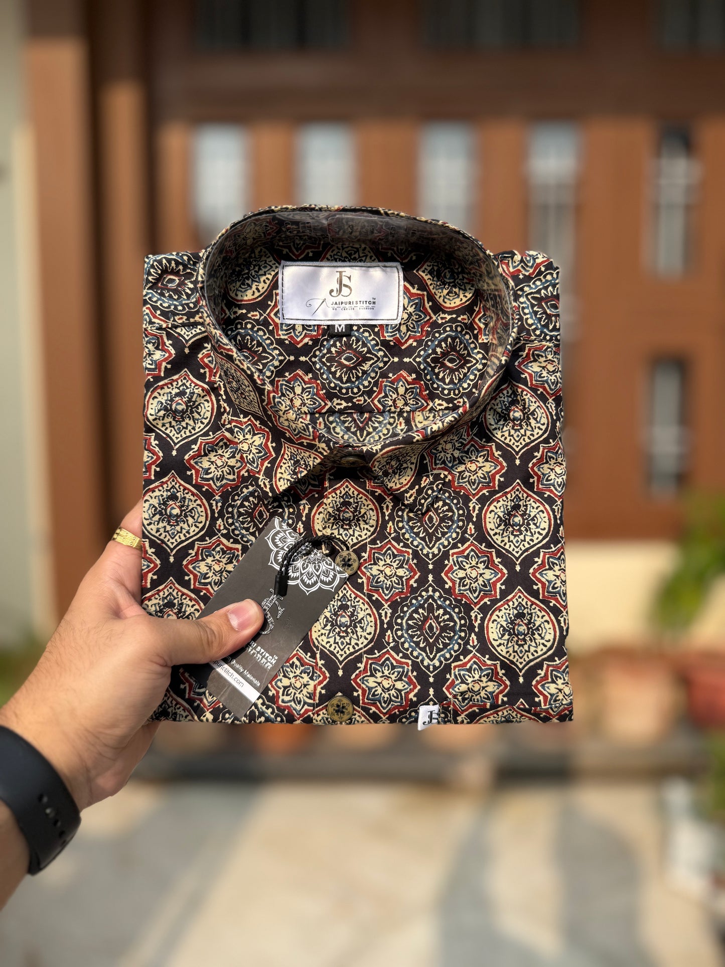 Black Mughal Ajrak Printed Full Sleeves Cotton Shirt for Men