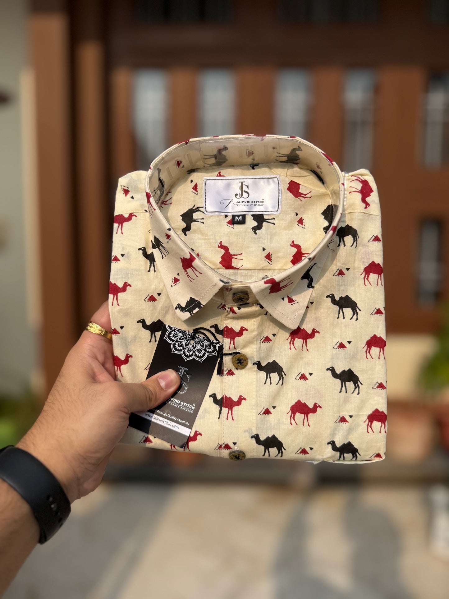 Red and Black Camel Printed Full Sleeves Cotton Shirt for Men