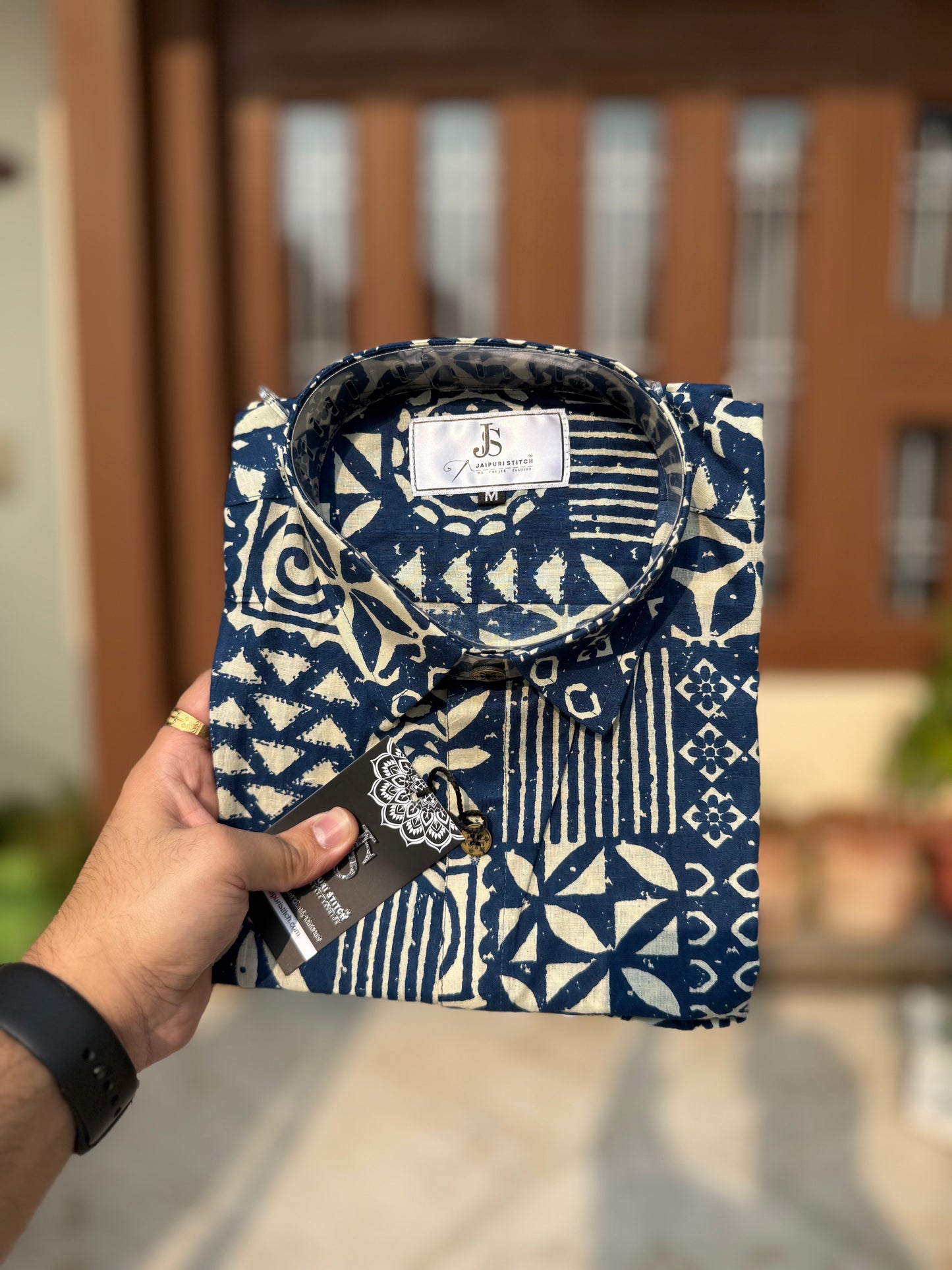 Blue Mosaic Block Printed Full Sleeves Cotton Shirt for Men