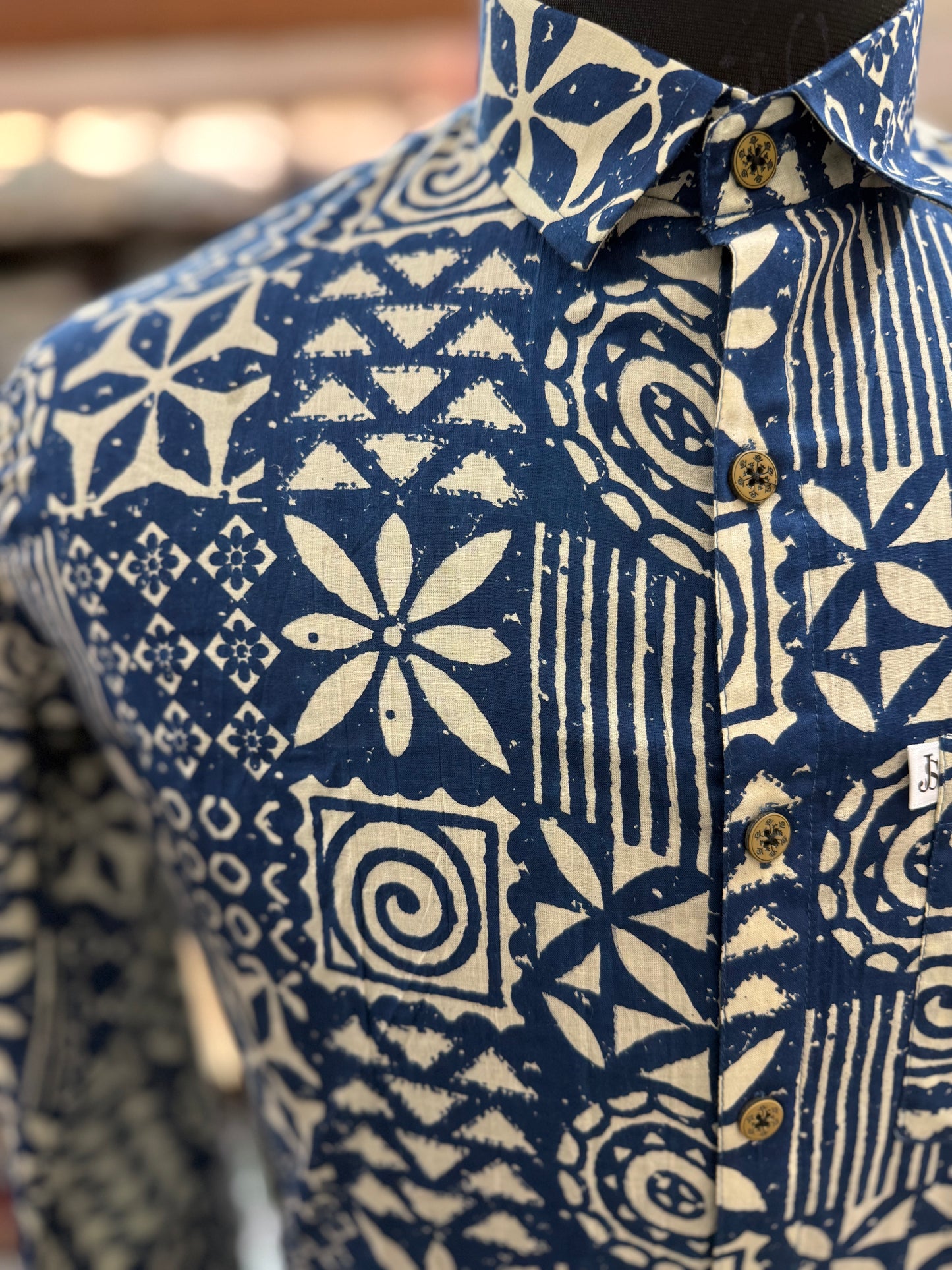 Blue Mosaic Block Printed Full Sleeves Cotton Shirt for Men