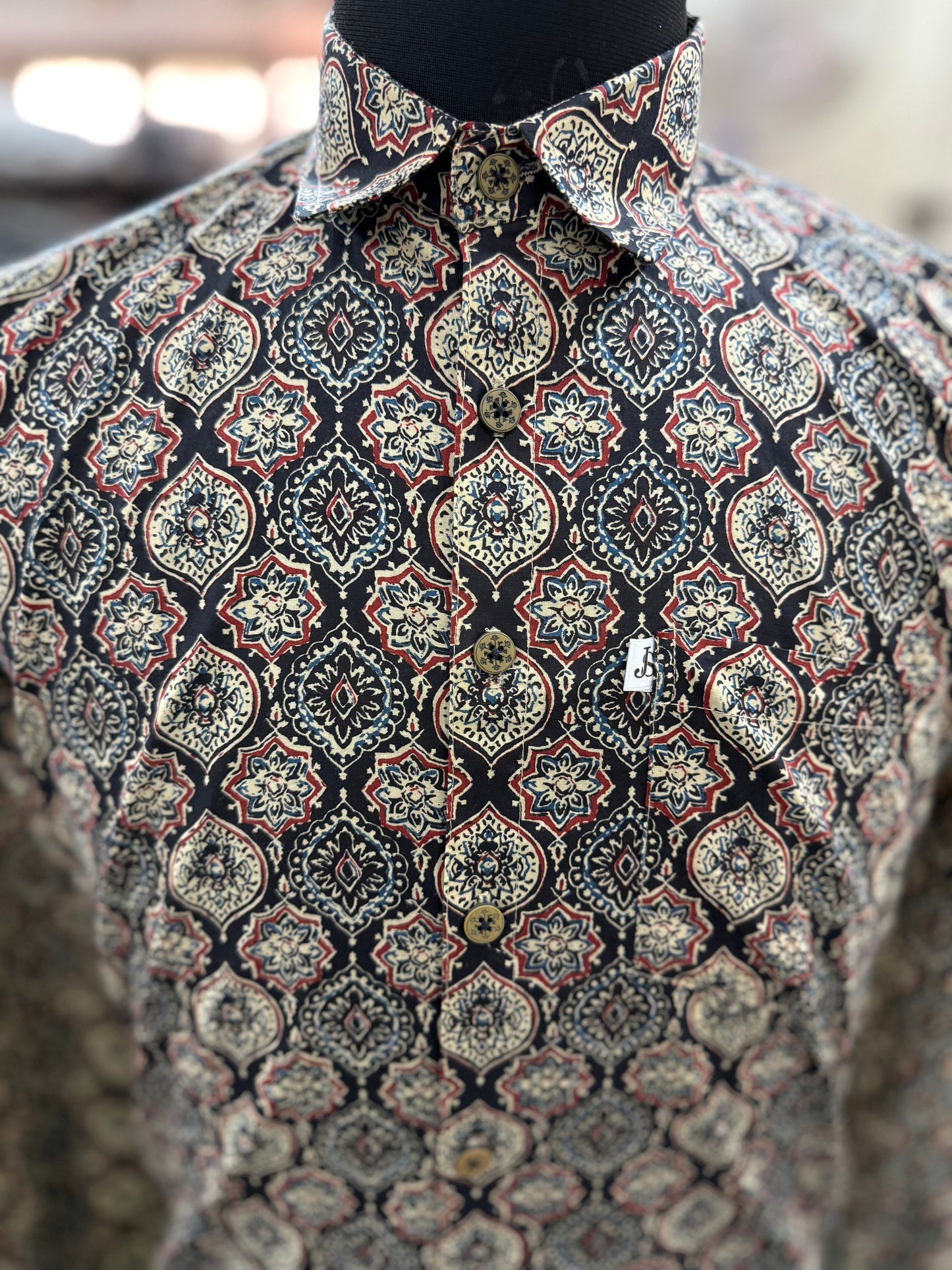 Black Mughal Ajrak Printed Full Sleeves Cotton Shirt for Men