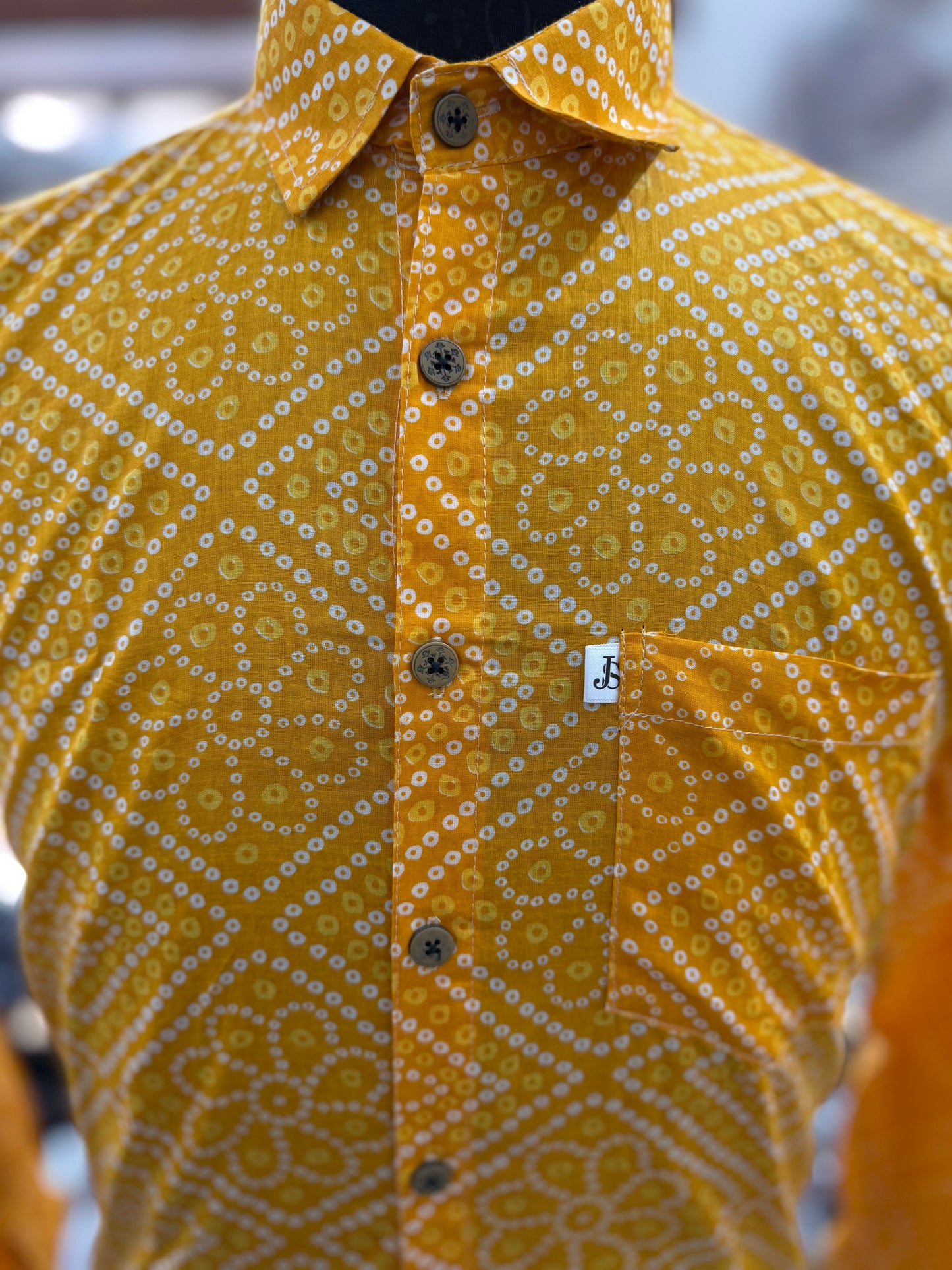 Yellow Bandhej Box Printed Full Sleeves Cotton Shirt for Men