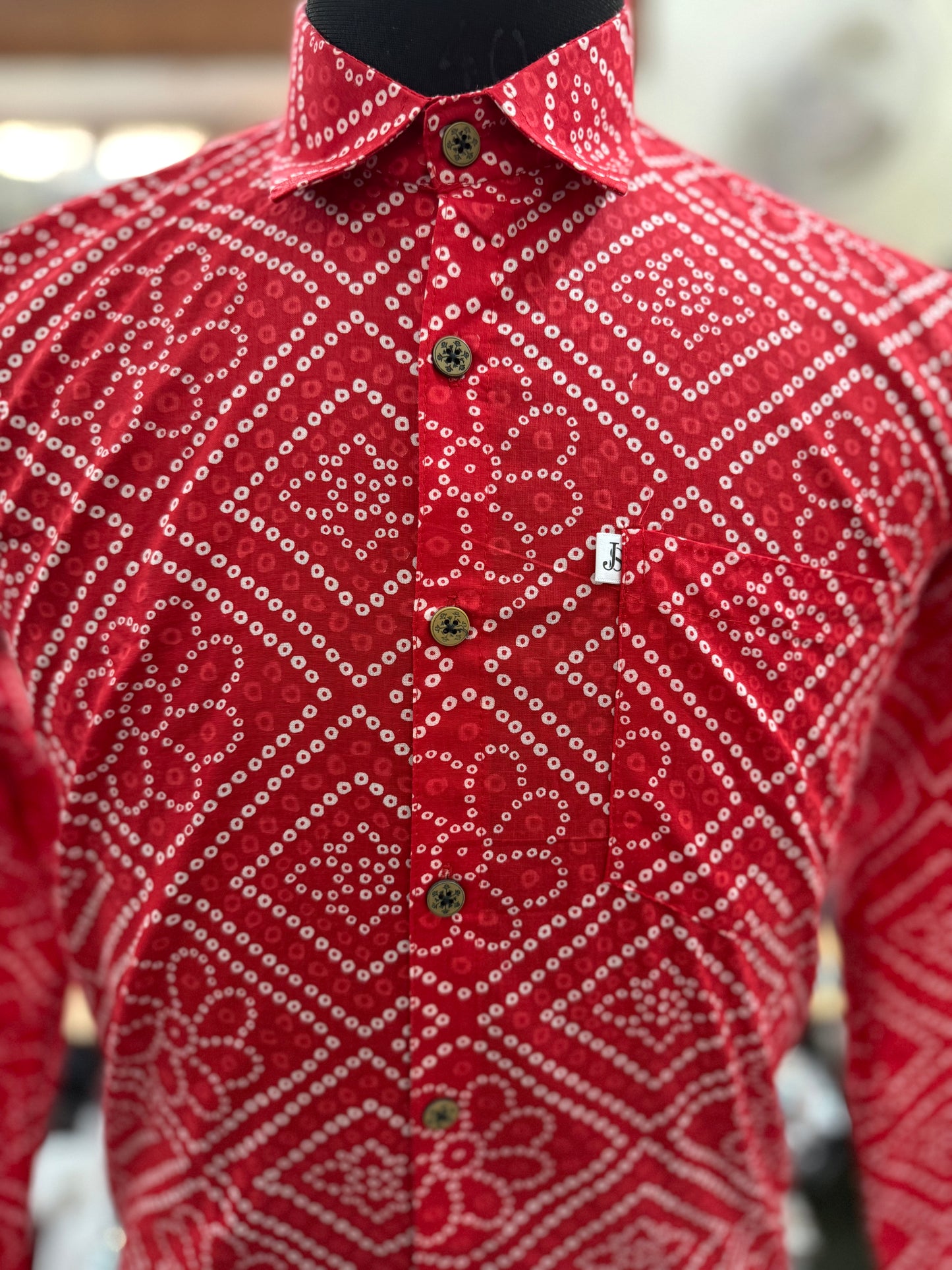 Red Bandhej Box Printed Full Sleeves Cotton Shirt for Men
