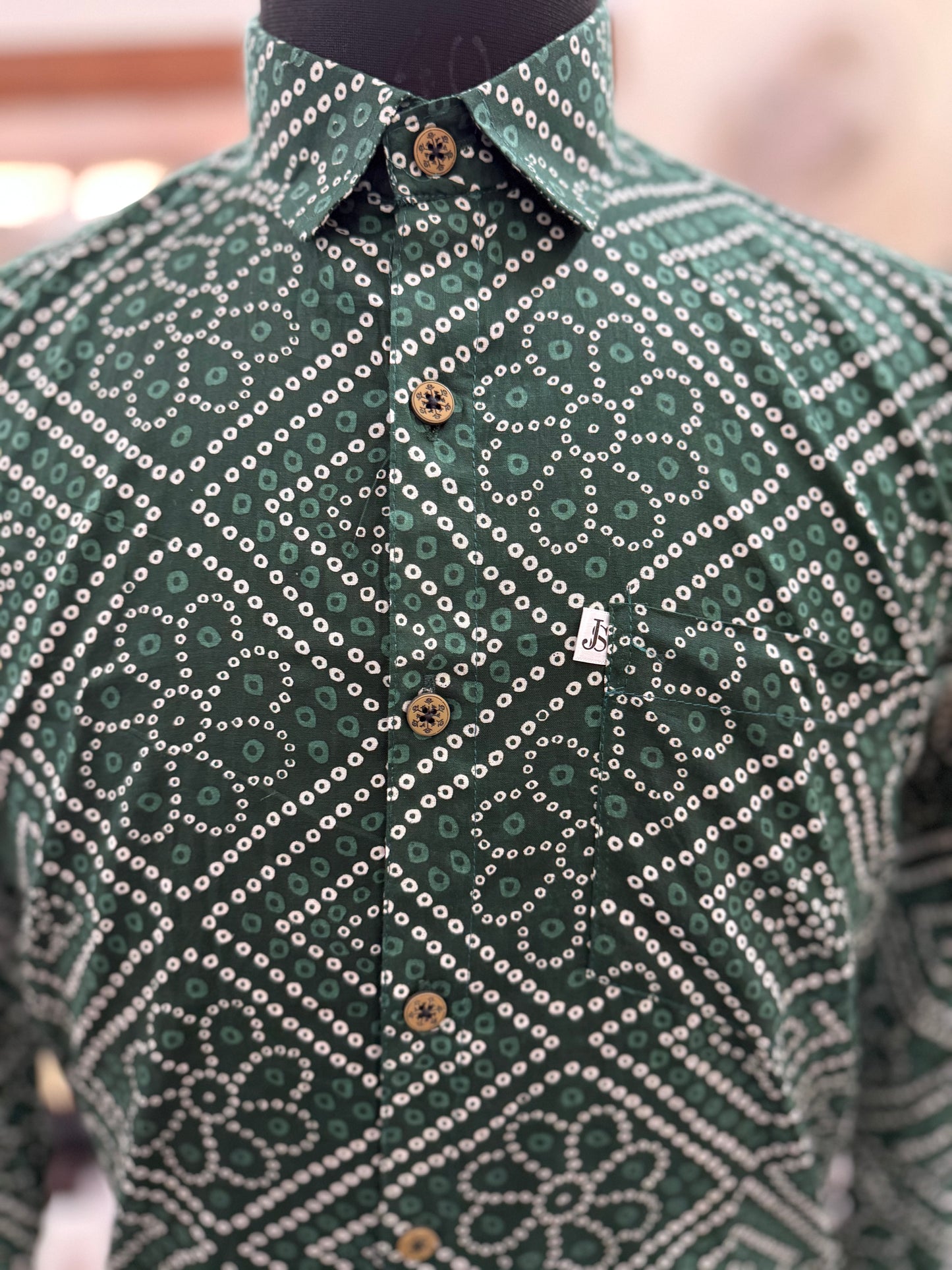 Green Bandhej Box Printed Full Sleeves Cotton Shirt for Men