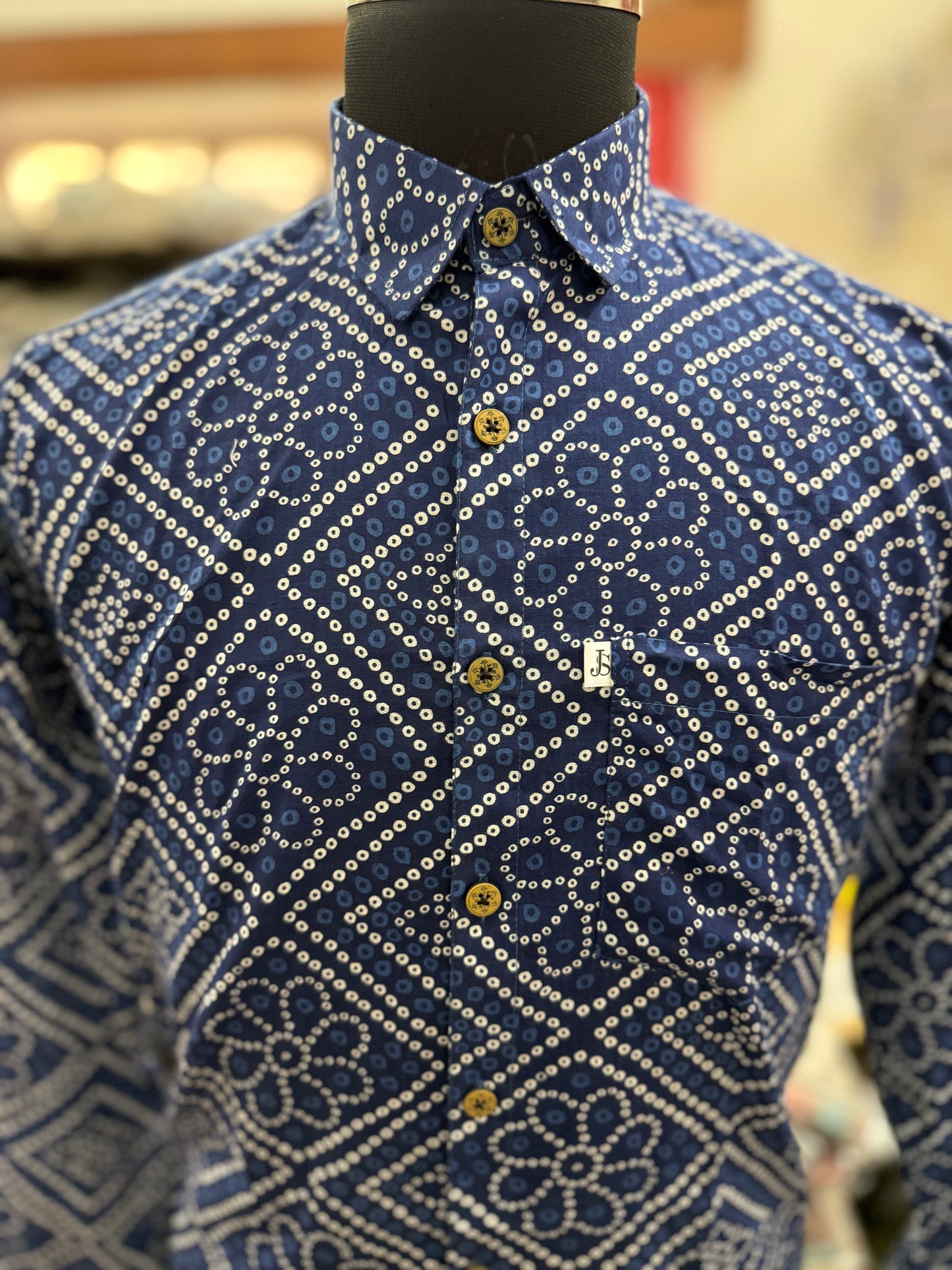 Blue Bandhej Box Printed Full Sleeves Cotton Shirt for Men