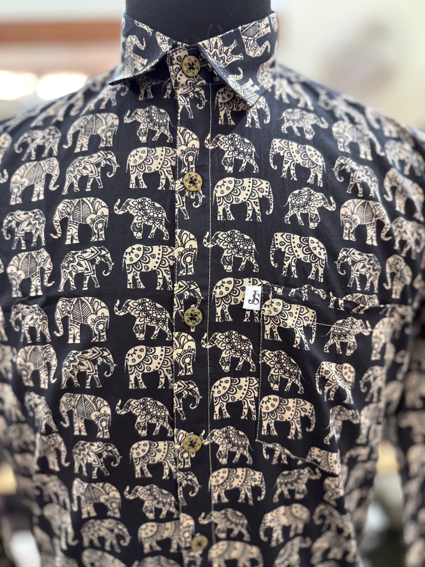 Black And Beige Elephant Printed Full Sleeves Cotton Shirt for Men