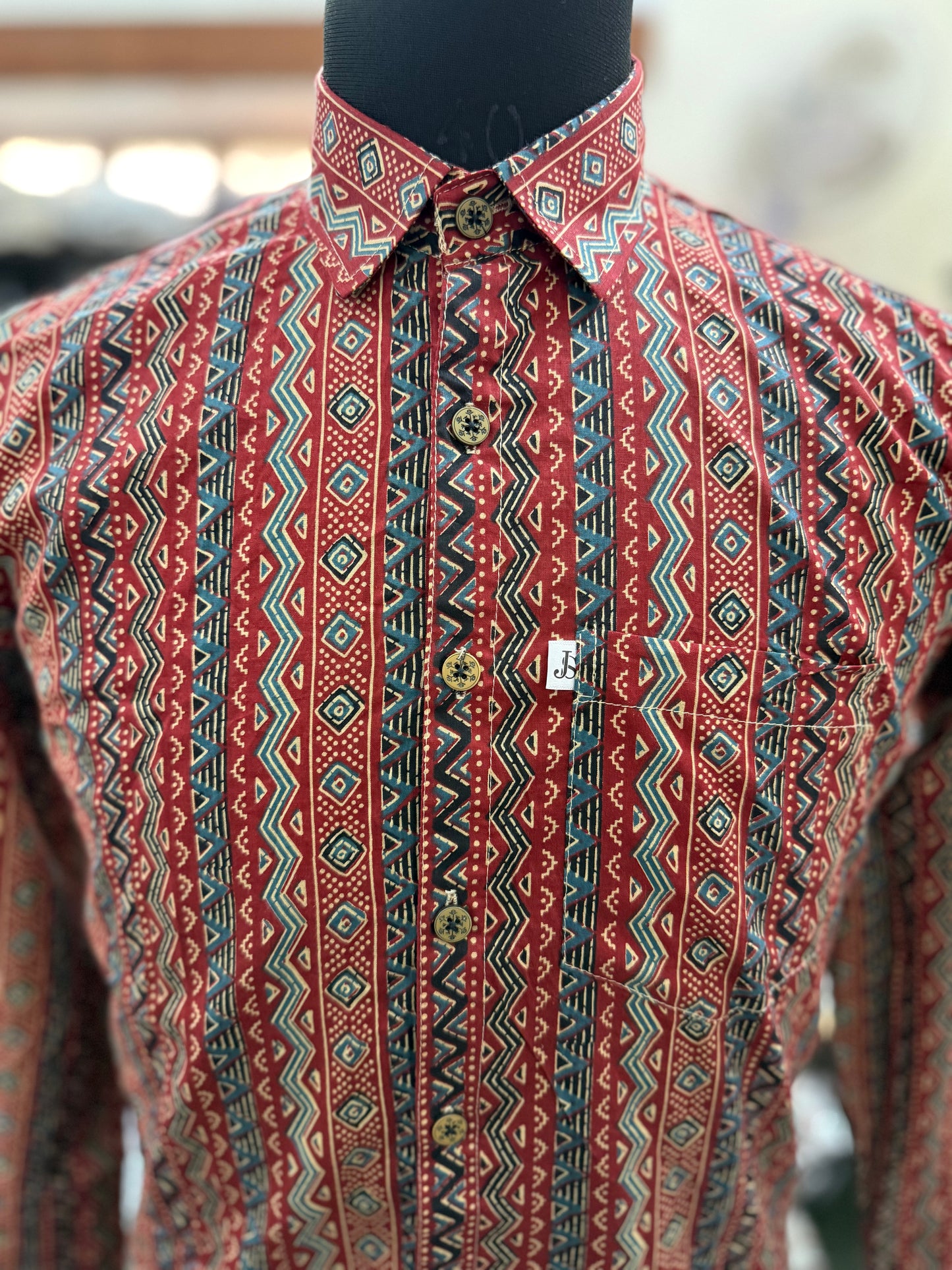 Rust Tribal Stripe Printed Full Sleeves Cotton Shirt for Men