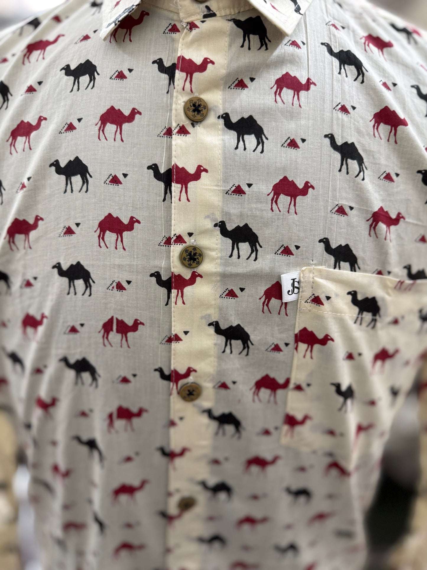 Red and Black Camel Printed Full Sleeves Cotton Shirt for Men