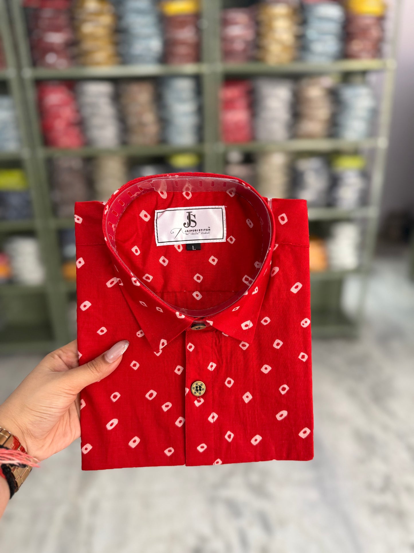 Red Bandhej Dot Printed Half Sleeves Cotton Shirt for Men