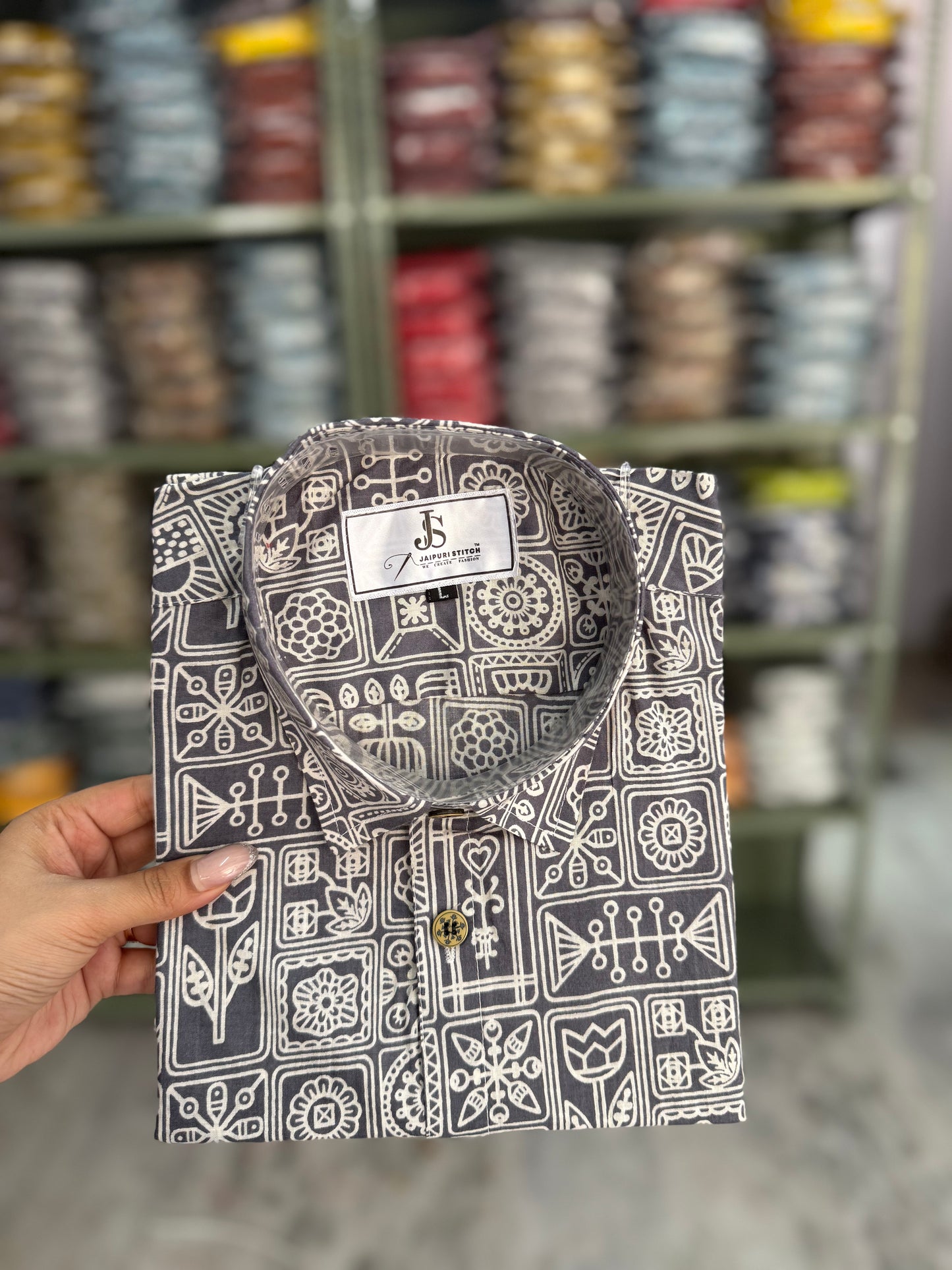 Grey Heritage Block Printed Half Sleeves Cotton Shirt for Men