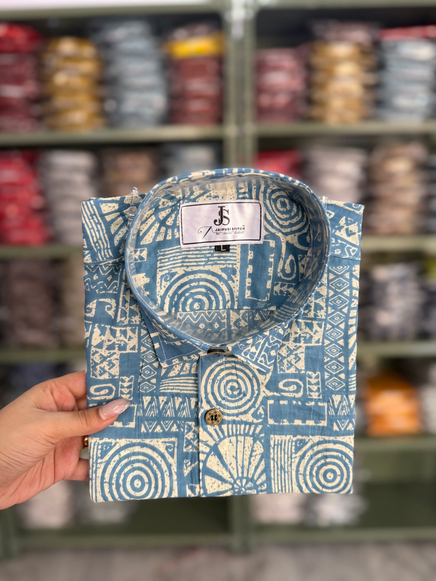 Sky Blue Maze Printed Half Sleeves Cotton Shirt for Men