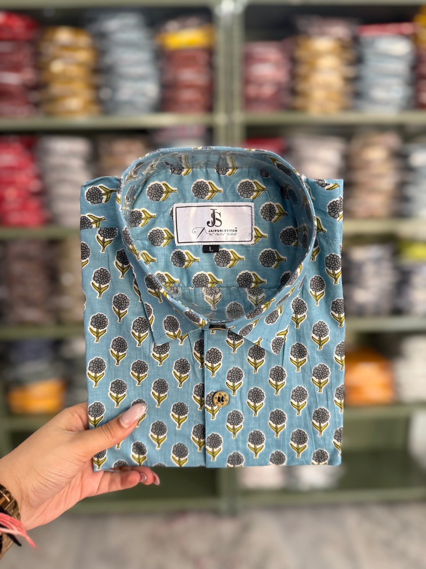 Sky Blue Booti Printed Half Sleeves Cotton Shirt for Men