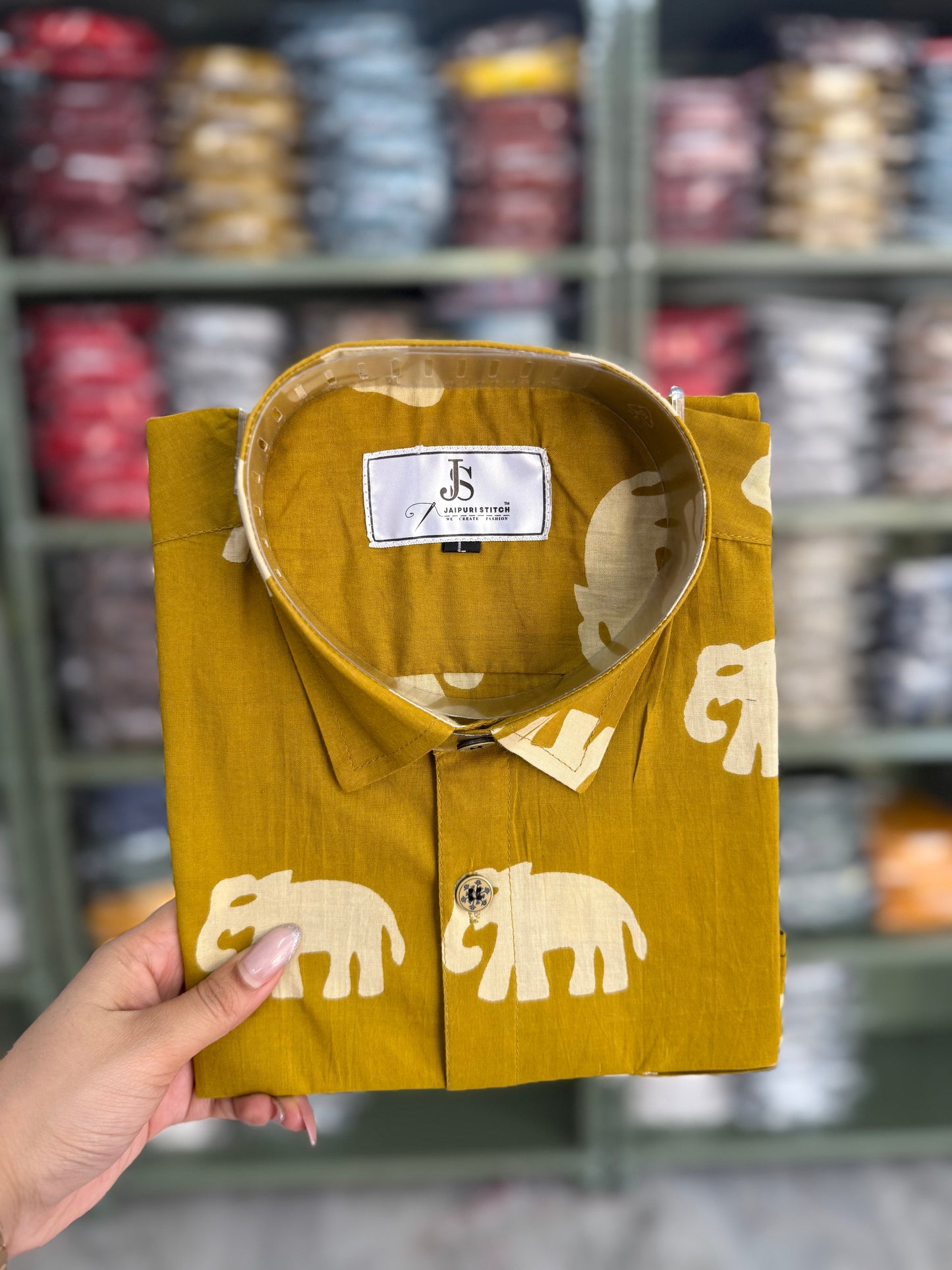 Mustard Elephant Printed Half Sleeves Cotton Shirt for Men