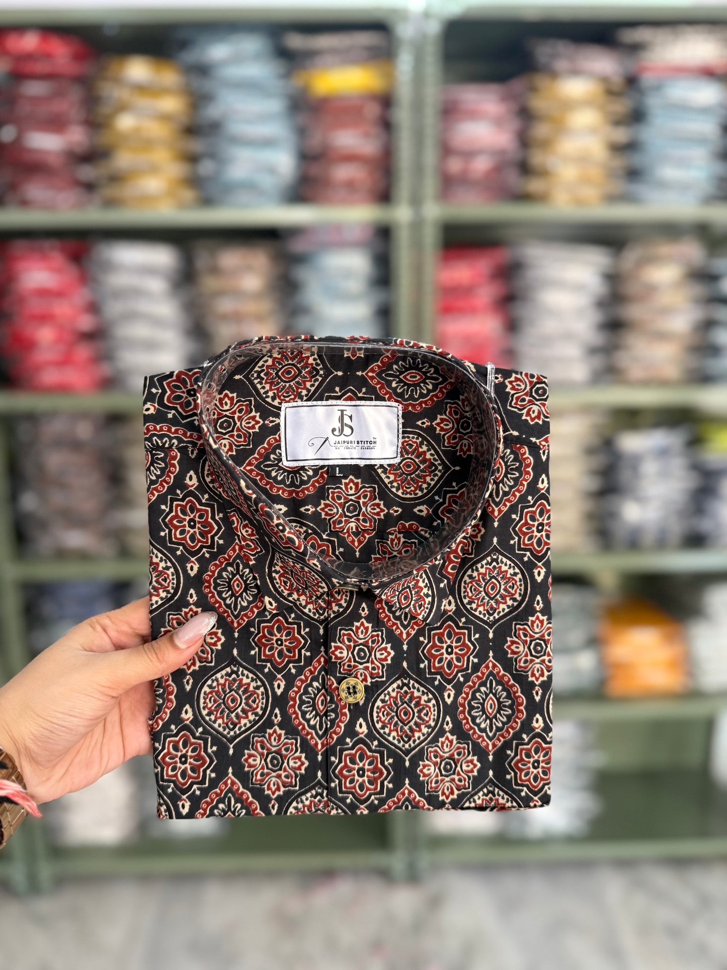 Black Ajrakh Motif Printed Half Sleeves Cotton Shirt for Men