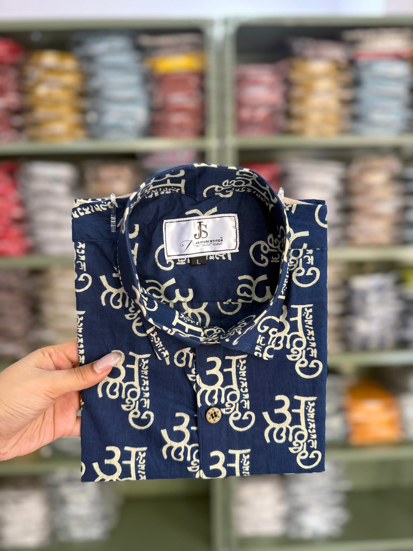 Navy Devanagari Alphabet Printed Half Sleeves Cotton Shirt for Men