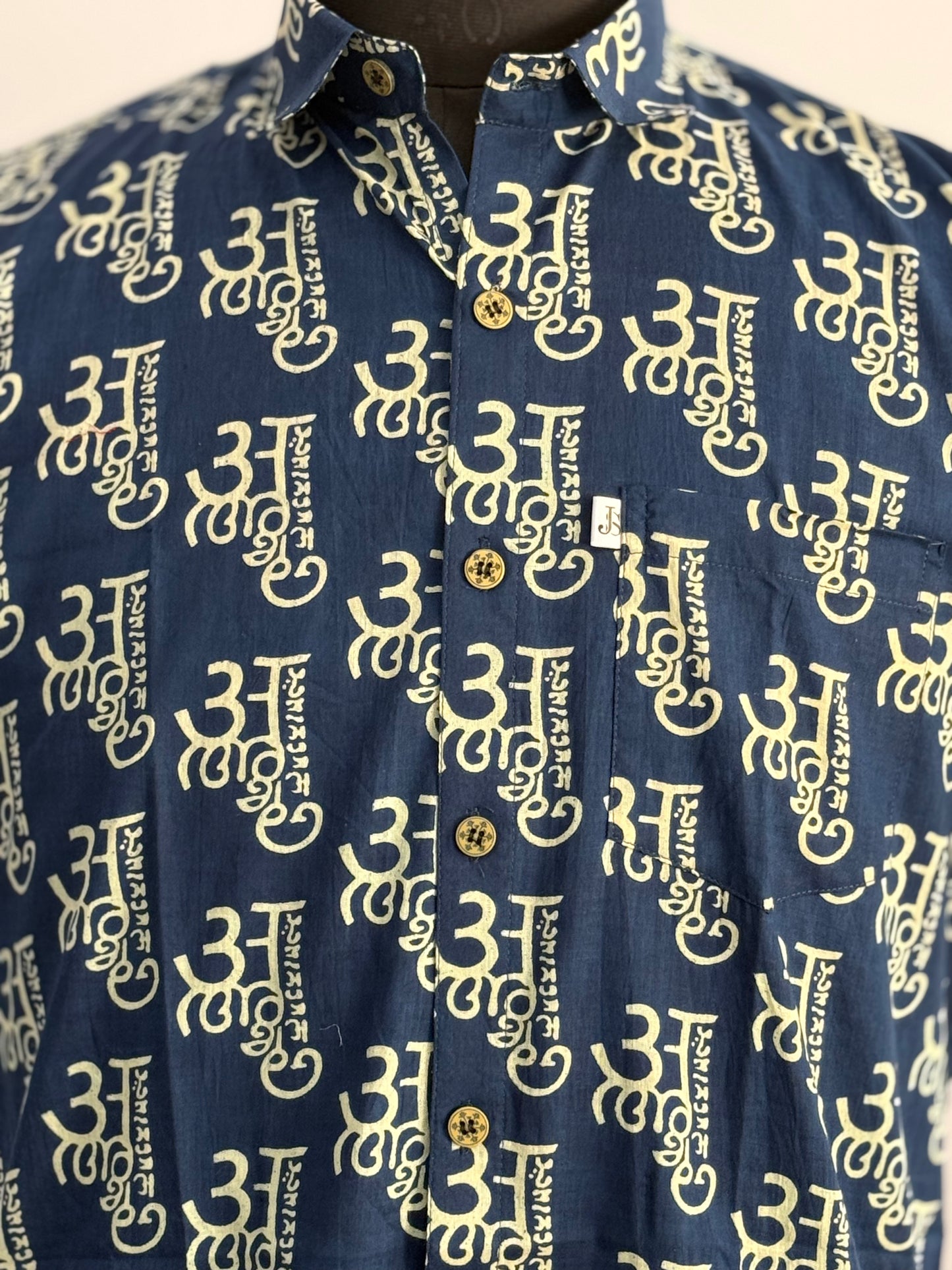 Navy Devanagari Alphabet Printed Half Sleeves Cotton Shirt for Men