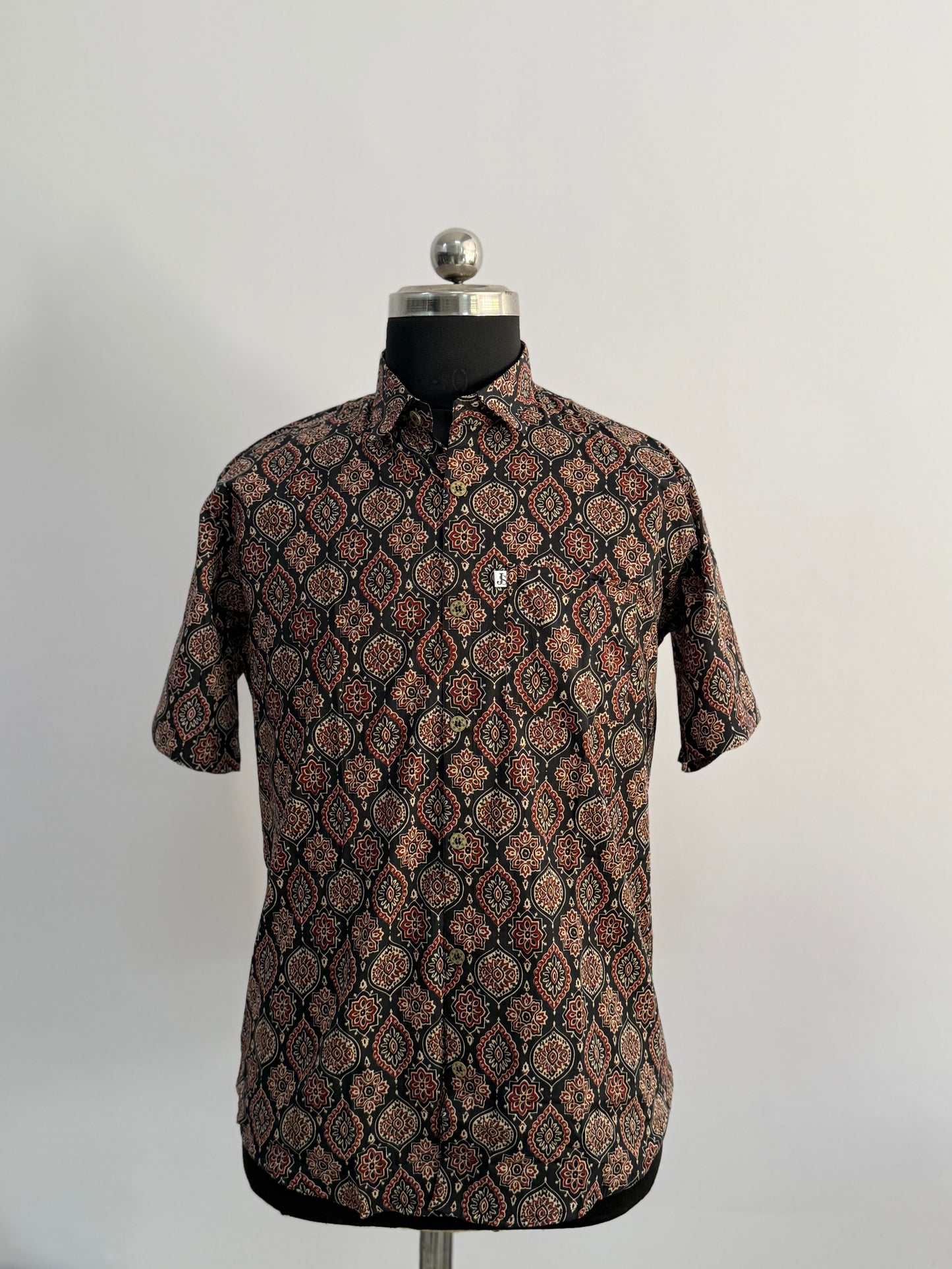 Black Ajrakh Motif Printed Half Sleeves Cotton Shirt for Men