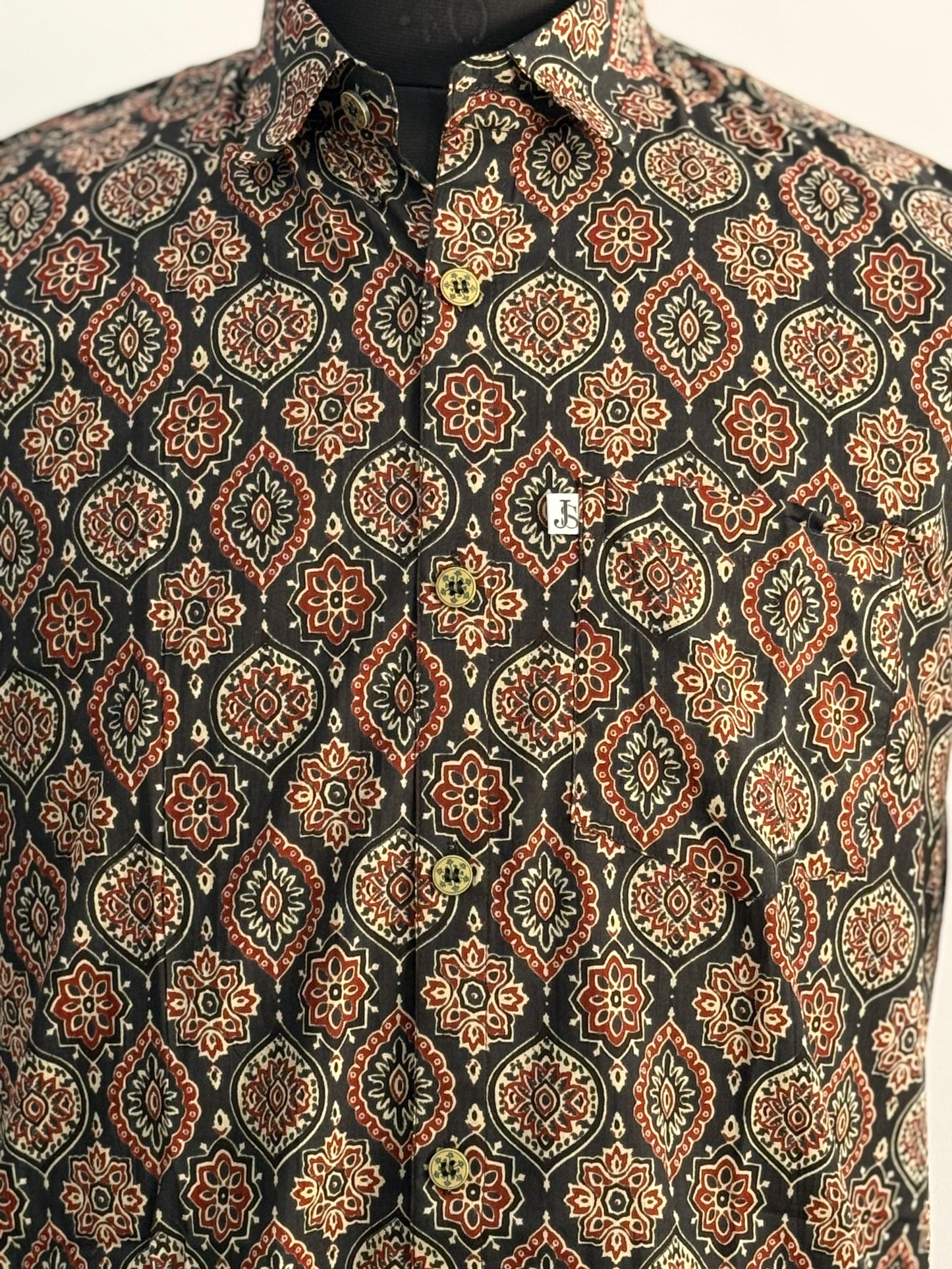 Black Ajrakh Motif Printed Half Sleeves Cotton Shirt for Men