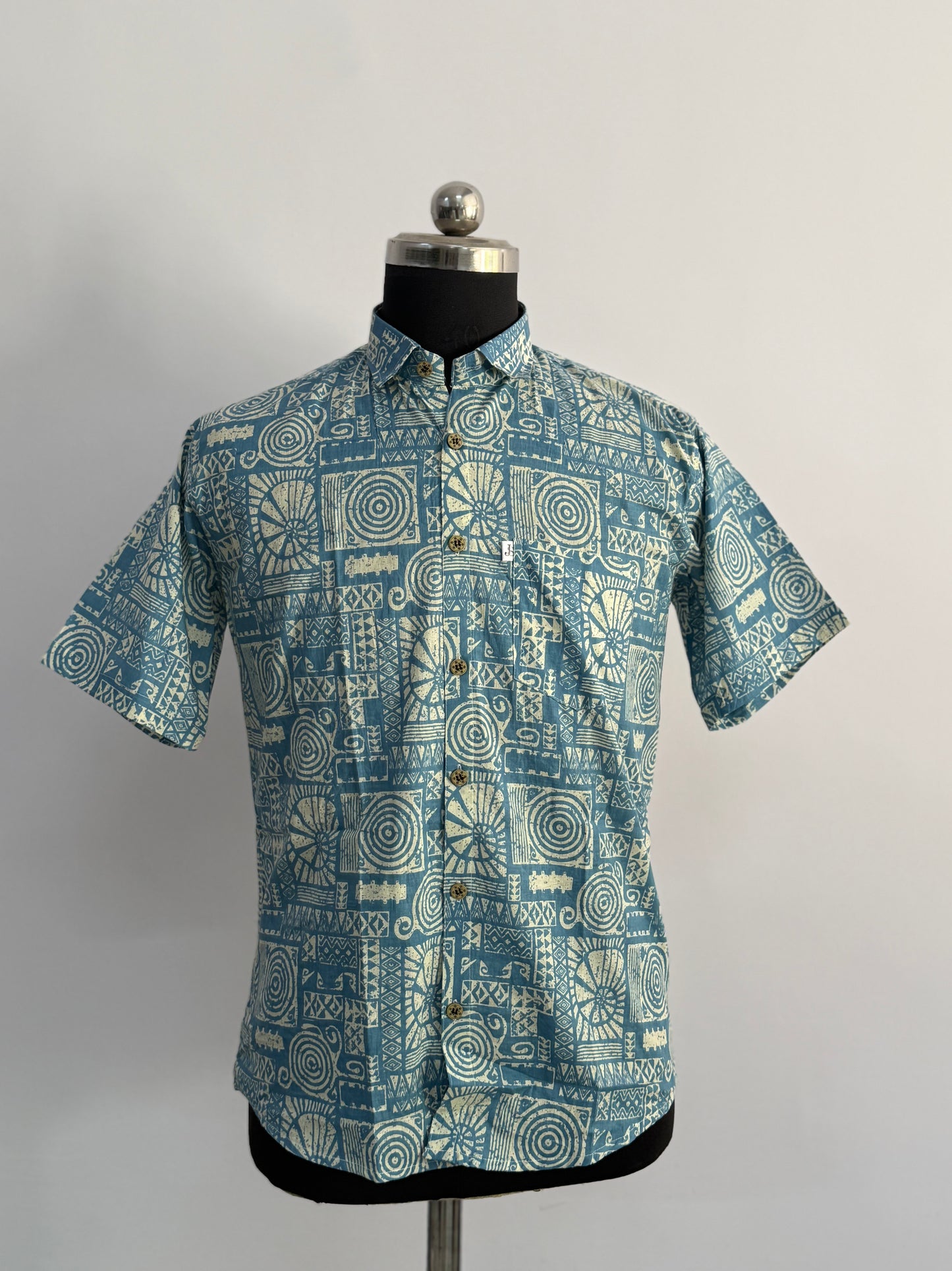 Sky Blue Maze Printed Half Sleeves Cotton Shirt for Men