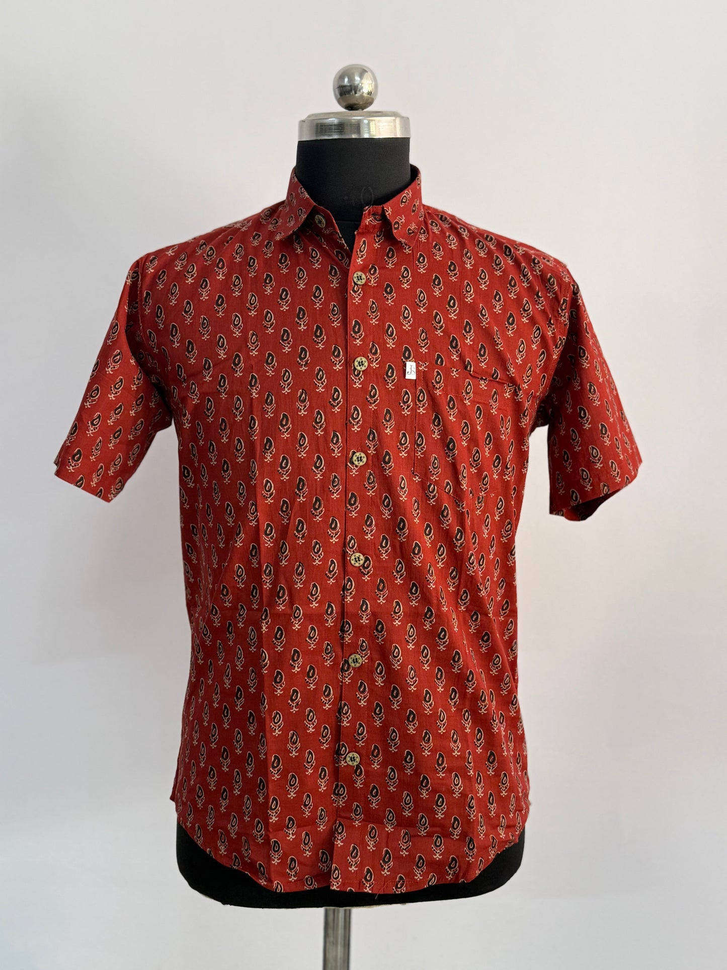 Rust Paisley Booti Printed Half Sleeves Cotton Shirt for Men