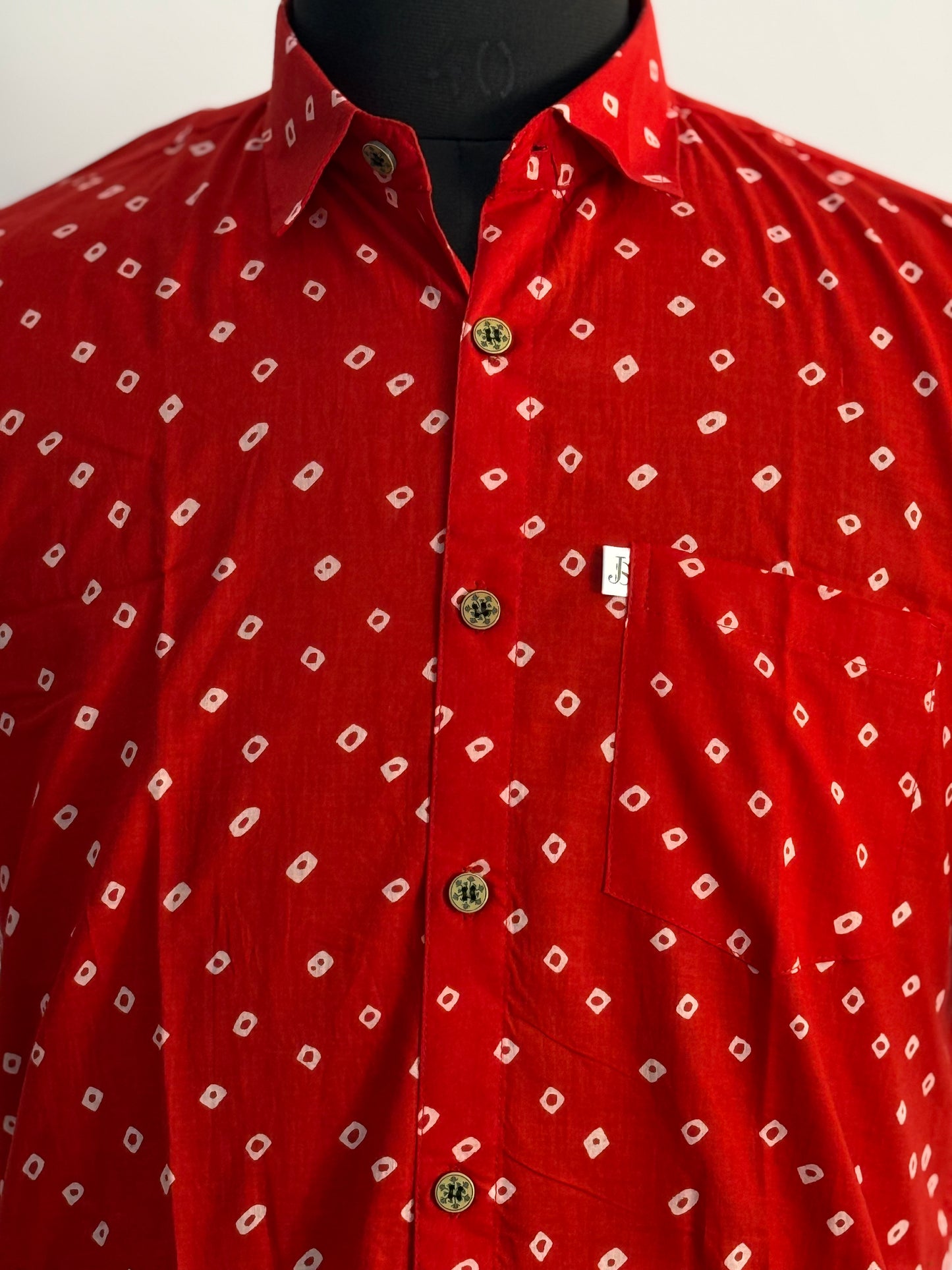 Red Bandhej Dot Printed Half Sleeves Cotton Shirt for Men