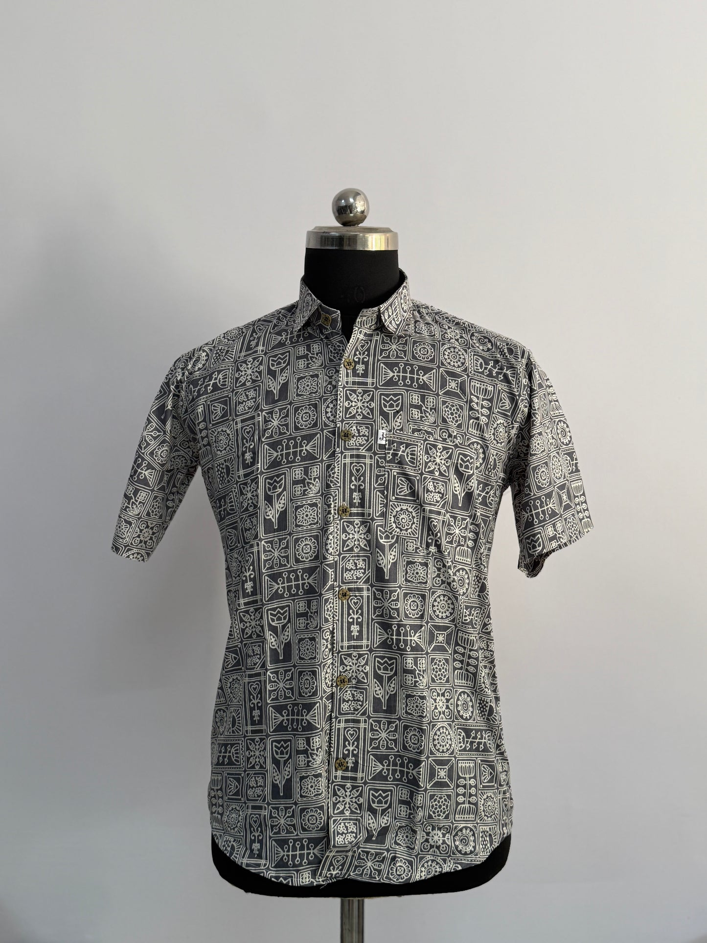 Grey Heritage Block Printed Half Sleeves Cotton Shirt for Men