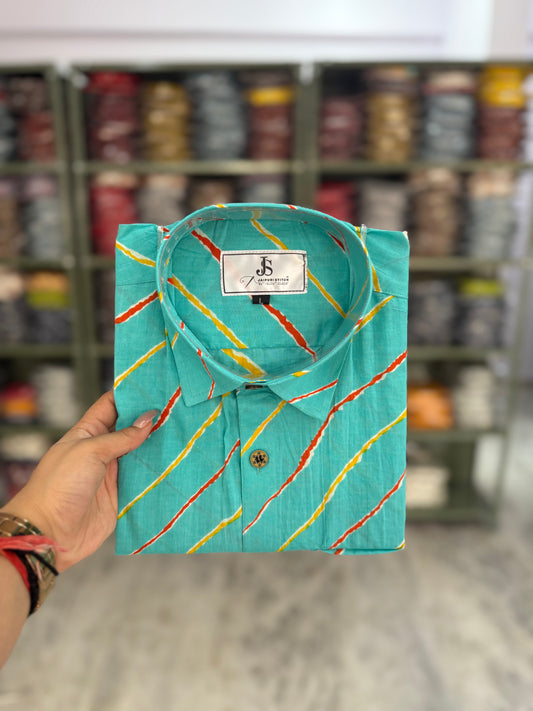 Sky Blue Leheriya Print Half Sleeve Cotton Shirt for Men