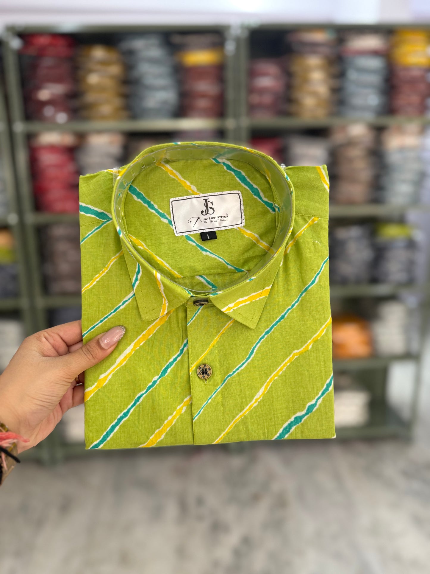 Lime Green Leheriya Print Half Sleeve Cotton Shirt for Men