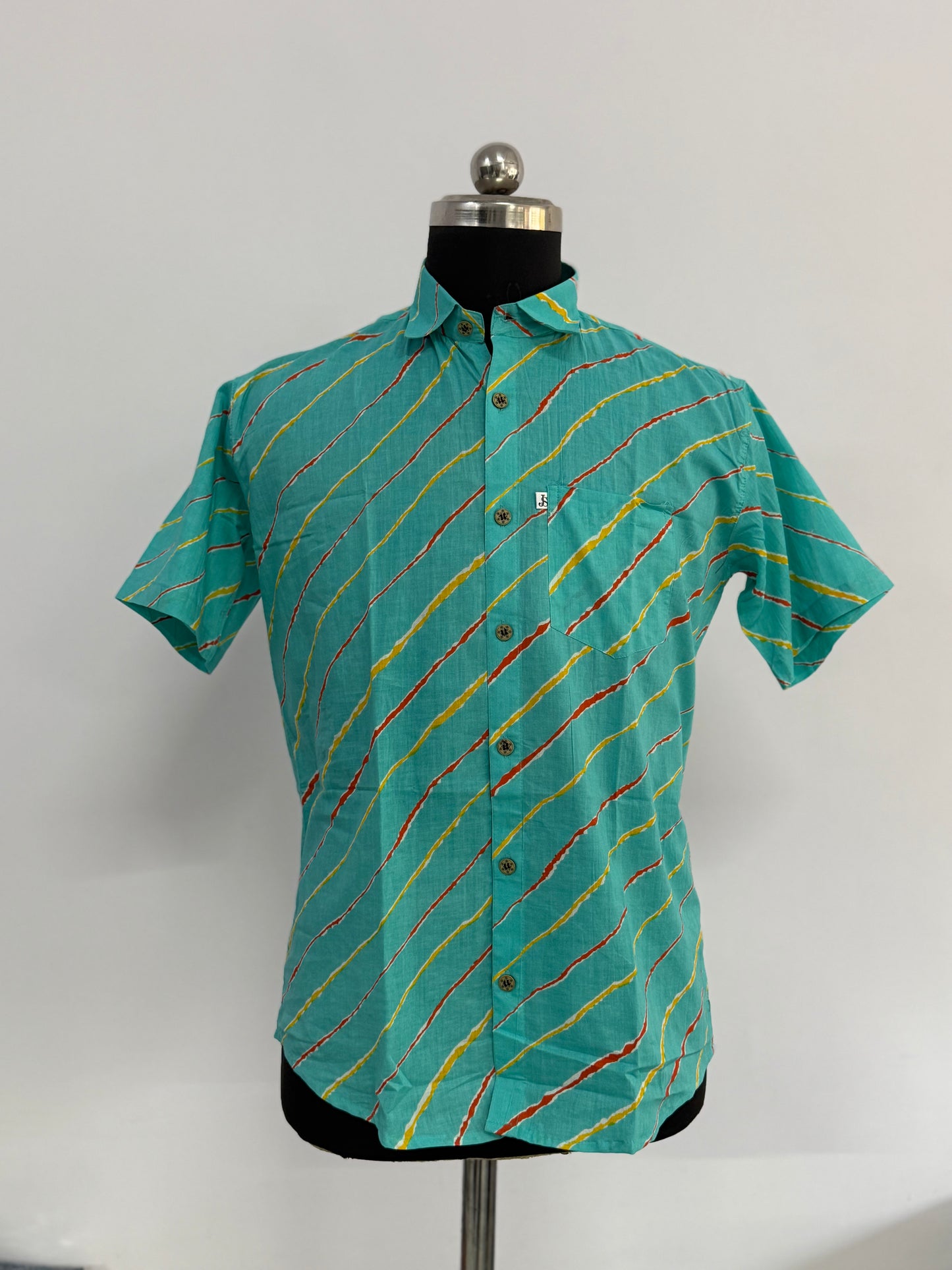Sky Blue Leheriya Print Half Sleeve Cotton Shirt for Men