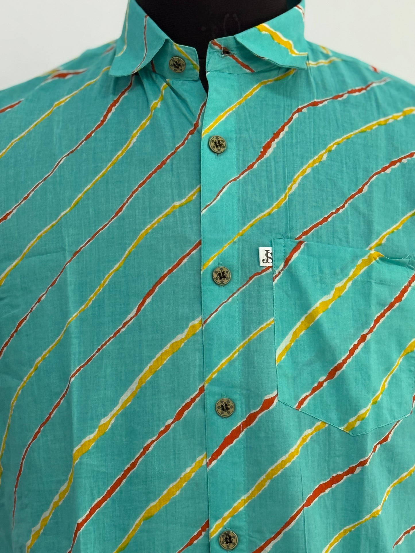 Sky Blue Leheriya Print Half Sleeve Cotton Shirt for Men