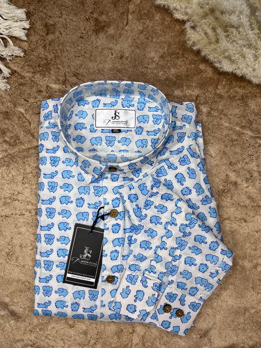 White And Blue Baby elephant Block printed full sleeves shirts for mens