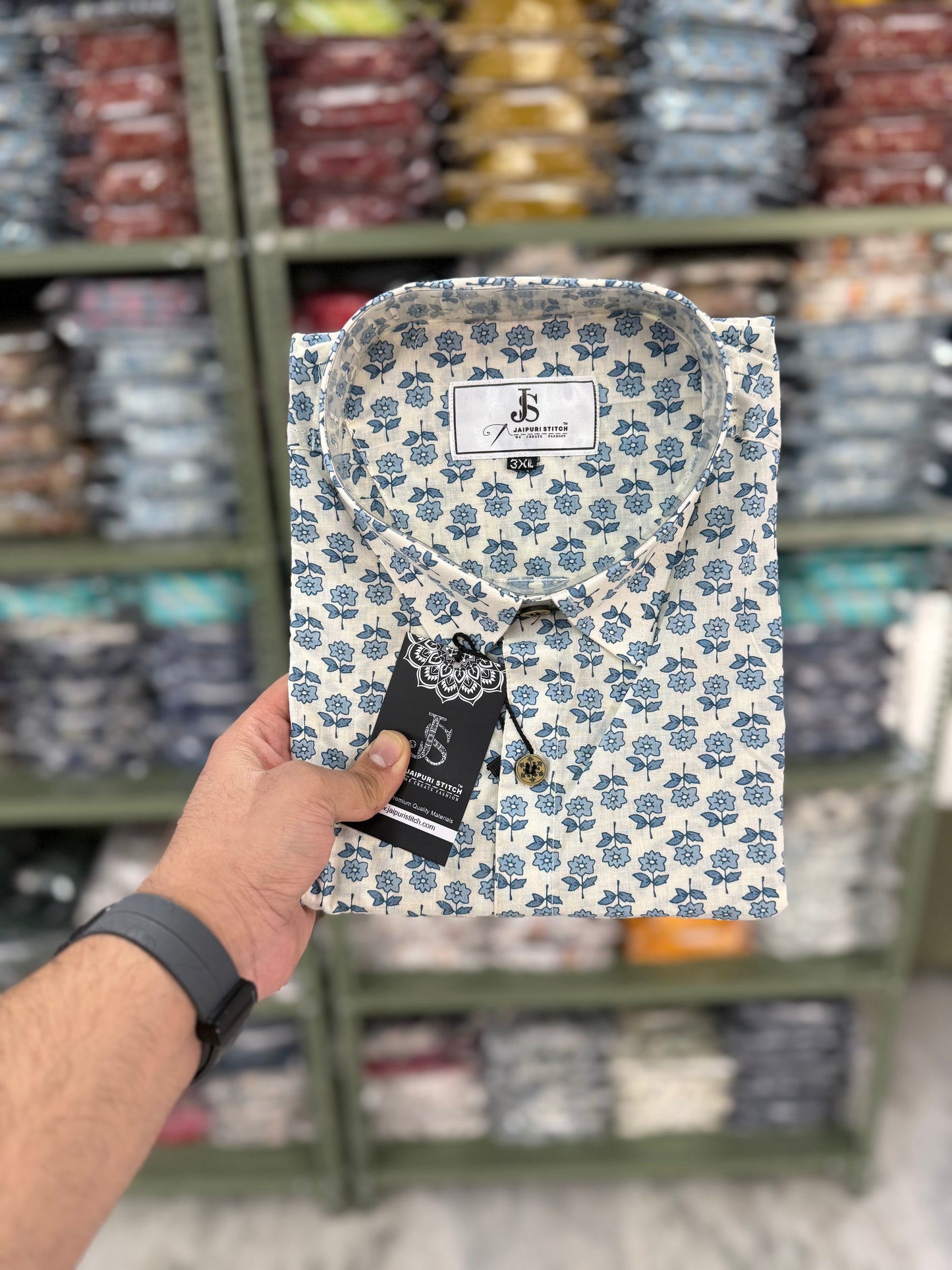 Blue Flower Booti Printed Plus Size Half Sleeves Cotton Shirt