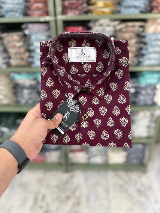 Maroon White Booti Printed Plus Size Half Sleeves Cotton Shirt