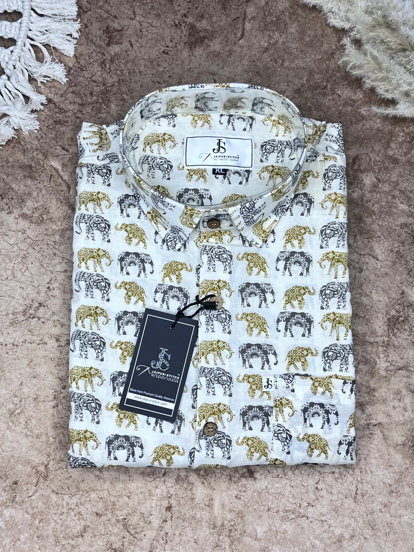 White And Mustard Elephant Printed full sleeves shirts for mens