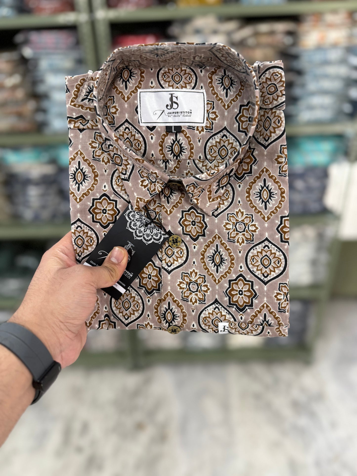 Beige Brown Ajrak Floral Printed Plus Size Half Sleeves Cotton Shirt